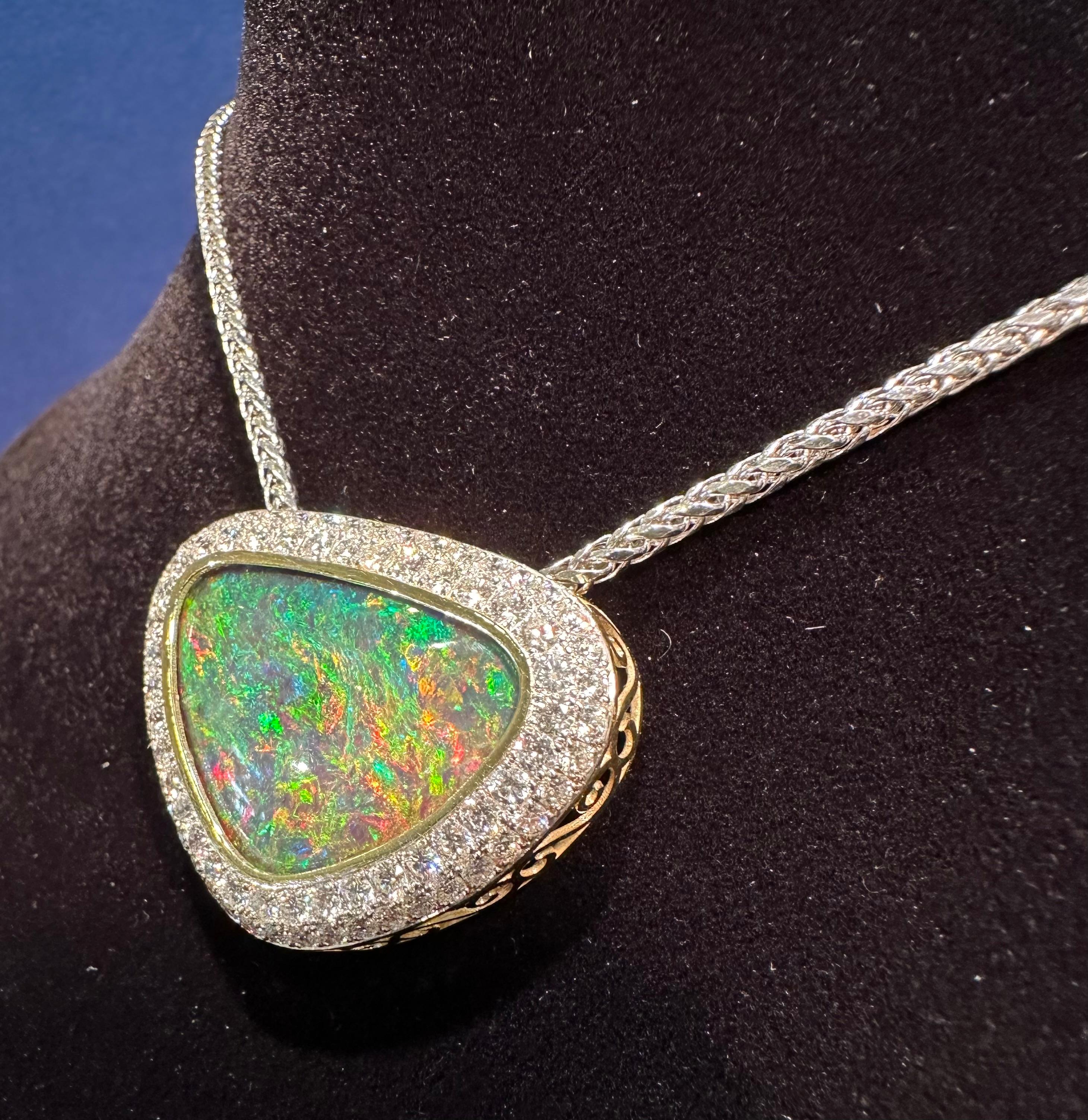 Huge Rare 45.44 Carat Black on Red Australian Opal and Diamond Pendant Necklace In Excellent Condition For Sale In Tustin, CA