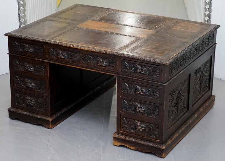 Huge Rare Hand Carved Double Sided English Oak Edwardian Pedestal Desk