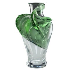 Huge Rare Lalique "Tanega" Crystal Green Leaf Design Vase Marie Claude 1989 LTD