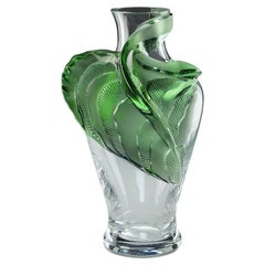 Huge Rare Lalique "Tanega" Crystal Green Leaf Design Vase Marie Claude 1989 LTD