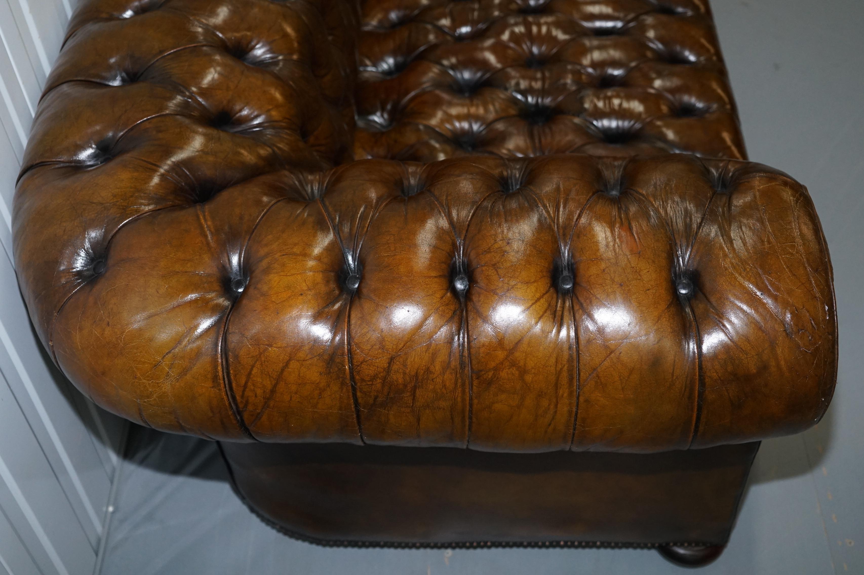 Huge Rare Victorian Horse Hair Fully Restored Brown Leather Chesterfield Sofa 6