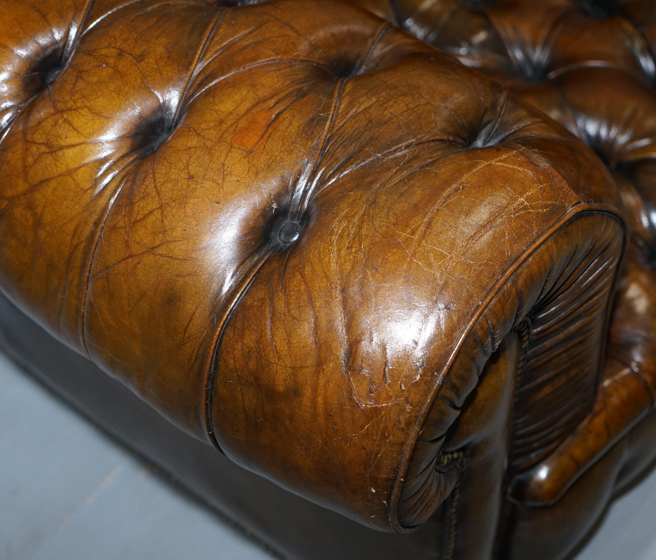 Huge Rare Victorian Horse Hair Fully Restored Brown Leather Chesterfield Sofa 7