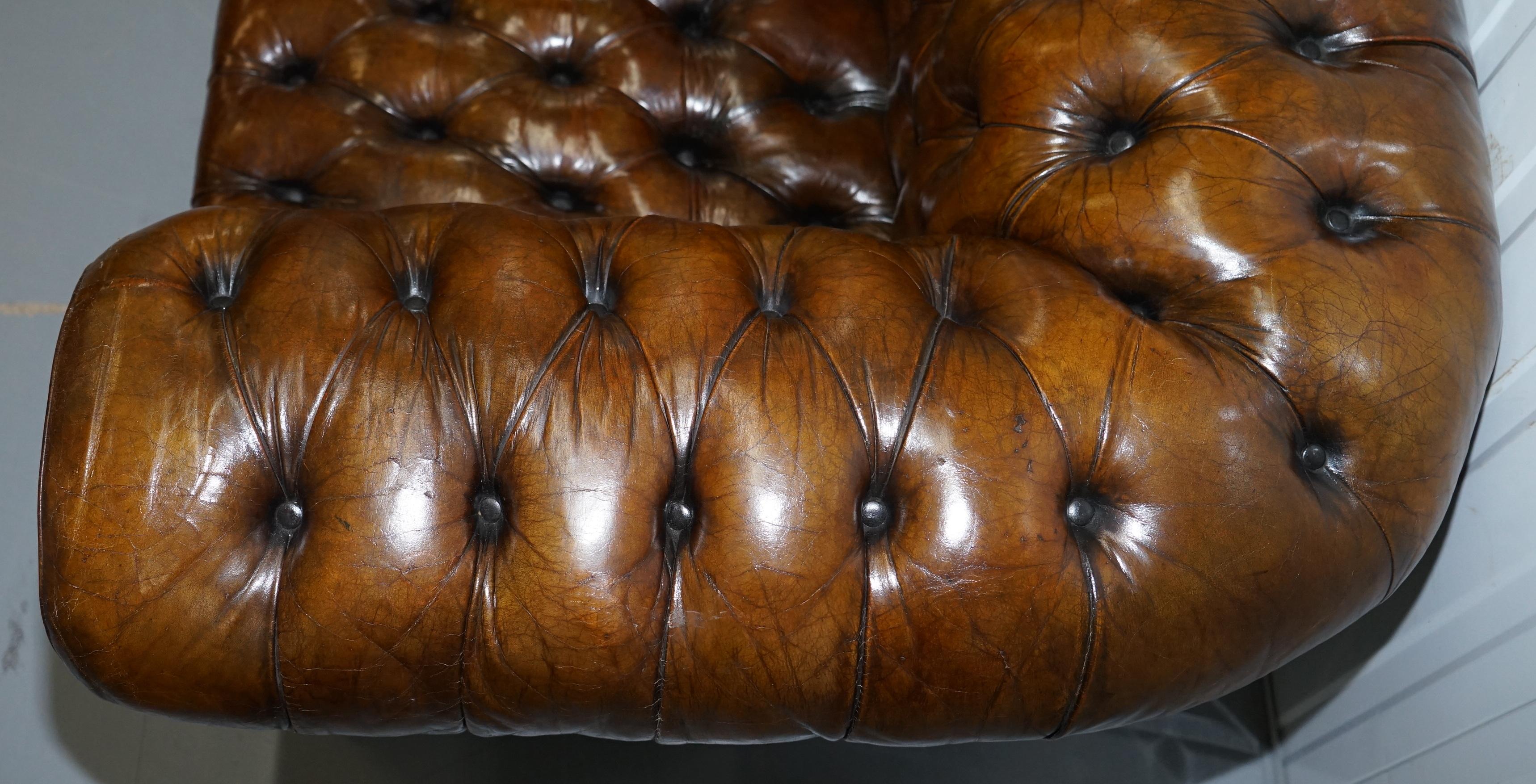 Huge Rare Victorian Horse Hair Fully Restored Brown Leather Chesterfield Sofa 7