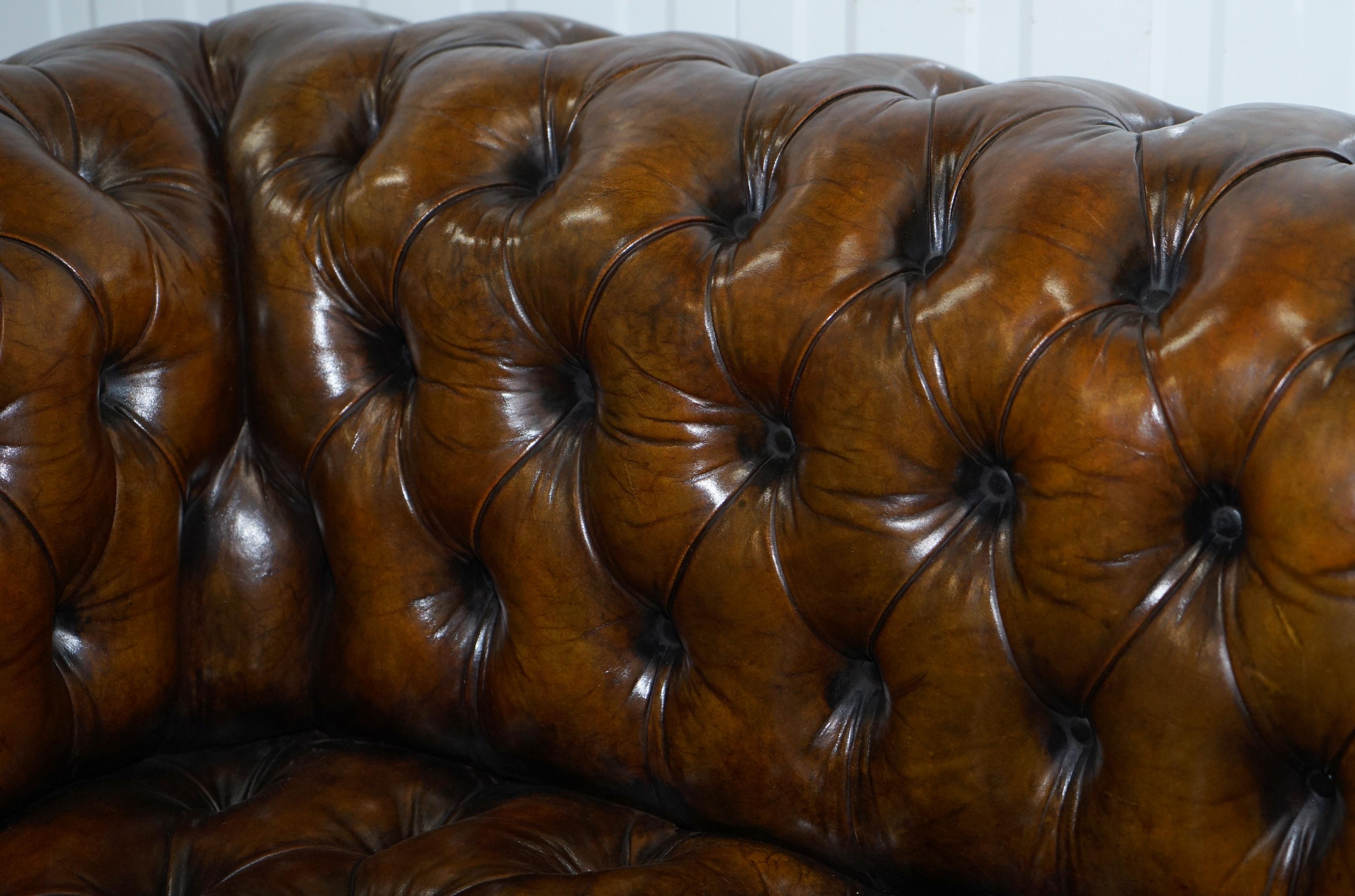Huge Rare Victorian Horse Hair Fully Restored Brown Leather Chesterfield Sofa 10