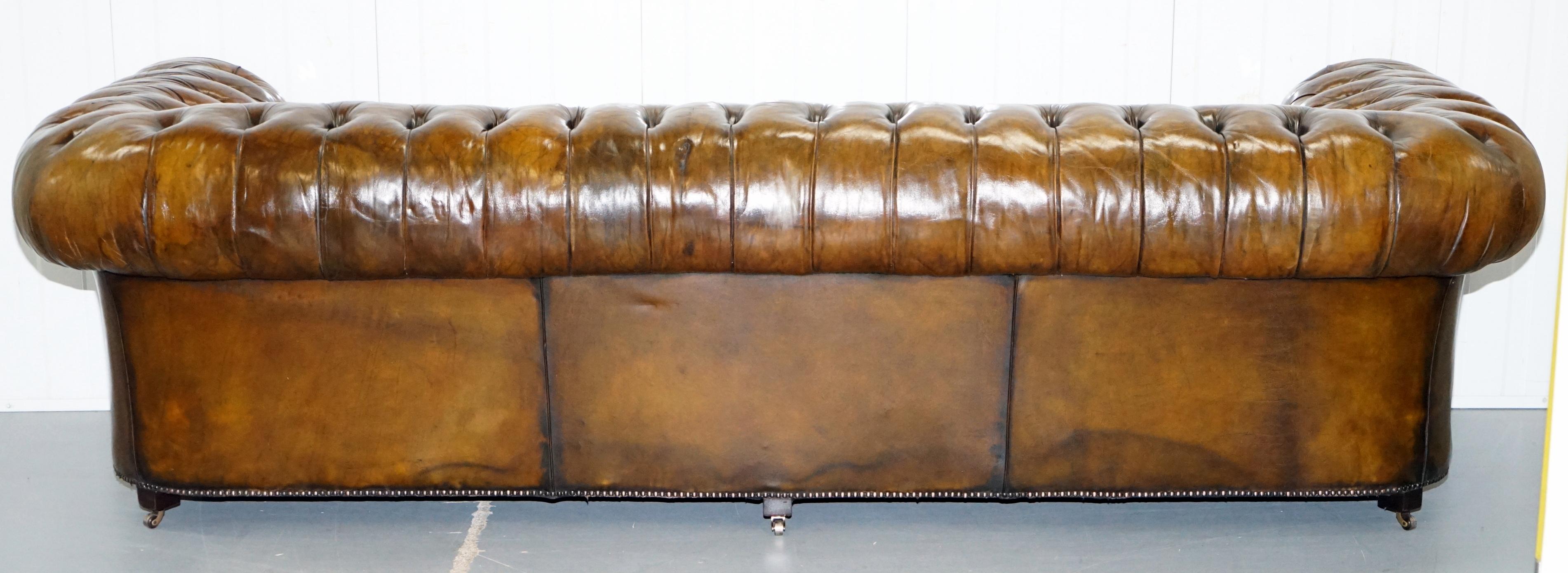 Huge Rare Victorian Horse Hair Fully Restored Brown Leather Chesterfield Sofa 11