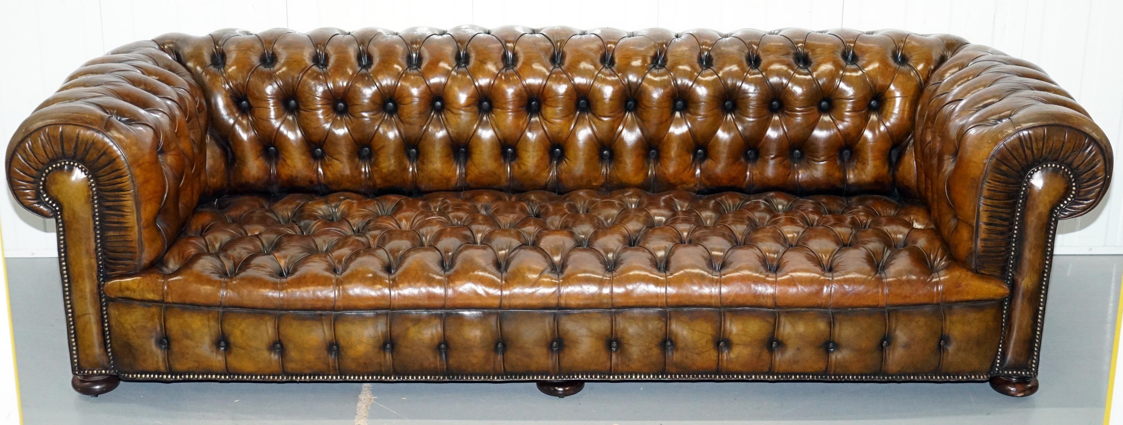 We are delighted to offer for sale this stunning exceptionally rare huge original early Victorian tobacco brown leather fully restored Chesterfield buttoned sofa

This is the model that everyone wants, it is the 100% perfect and correct oversized