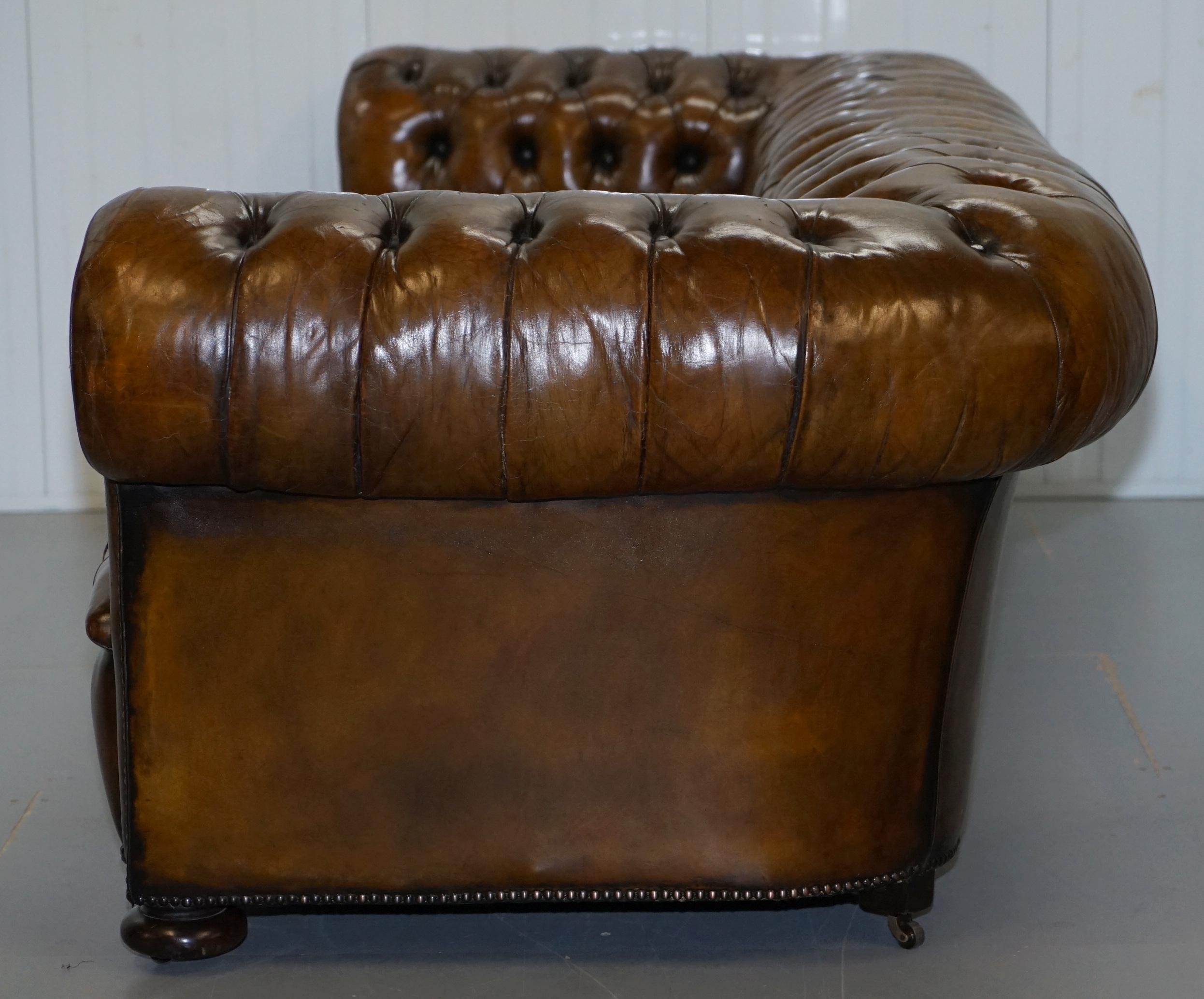 Huge Rare Victorian Horse Hair Fully Restored Brown Leather Chesterfield Sofa 12