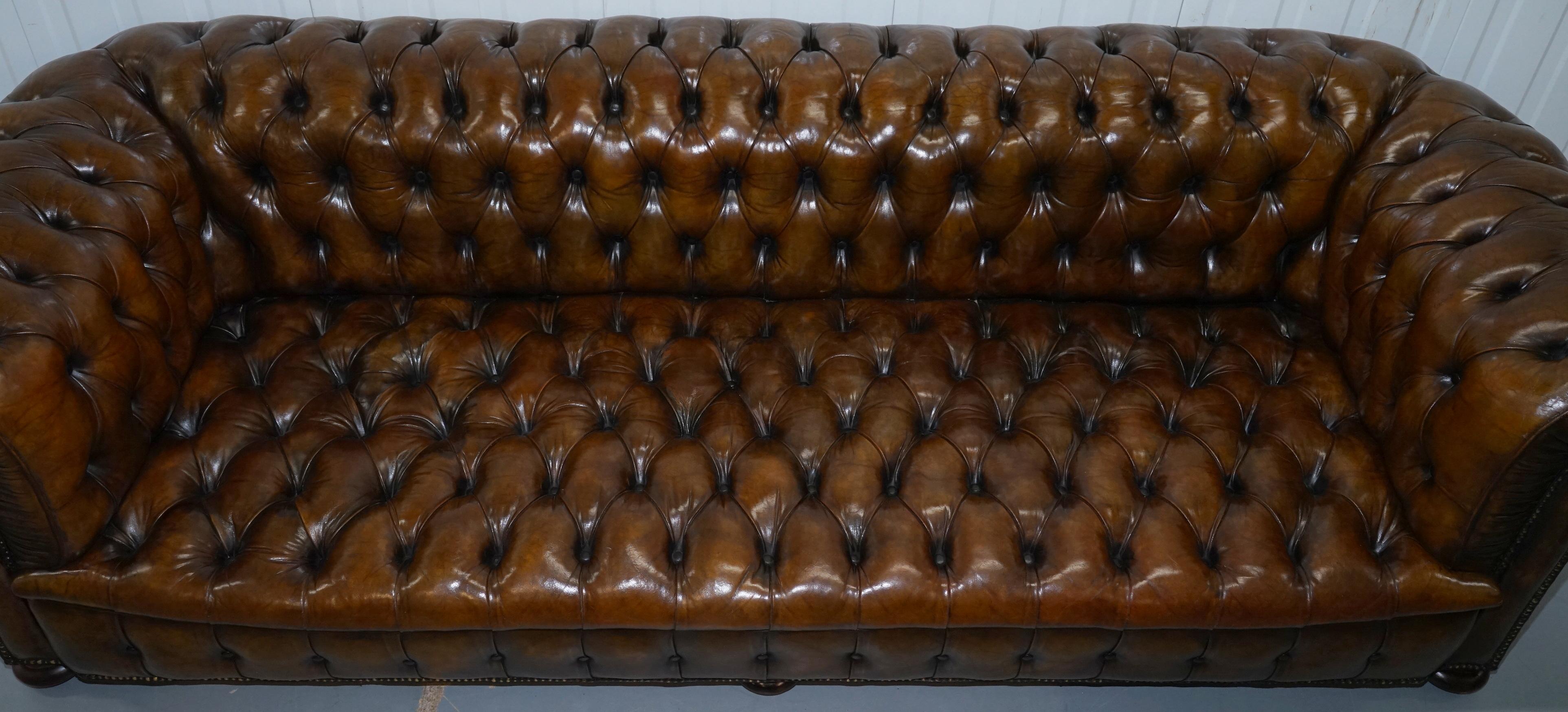 English Huge Rare Victorian Horse Hair Fully Restored Brown Leather Chesterfield Sofa