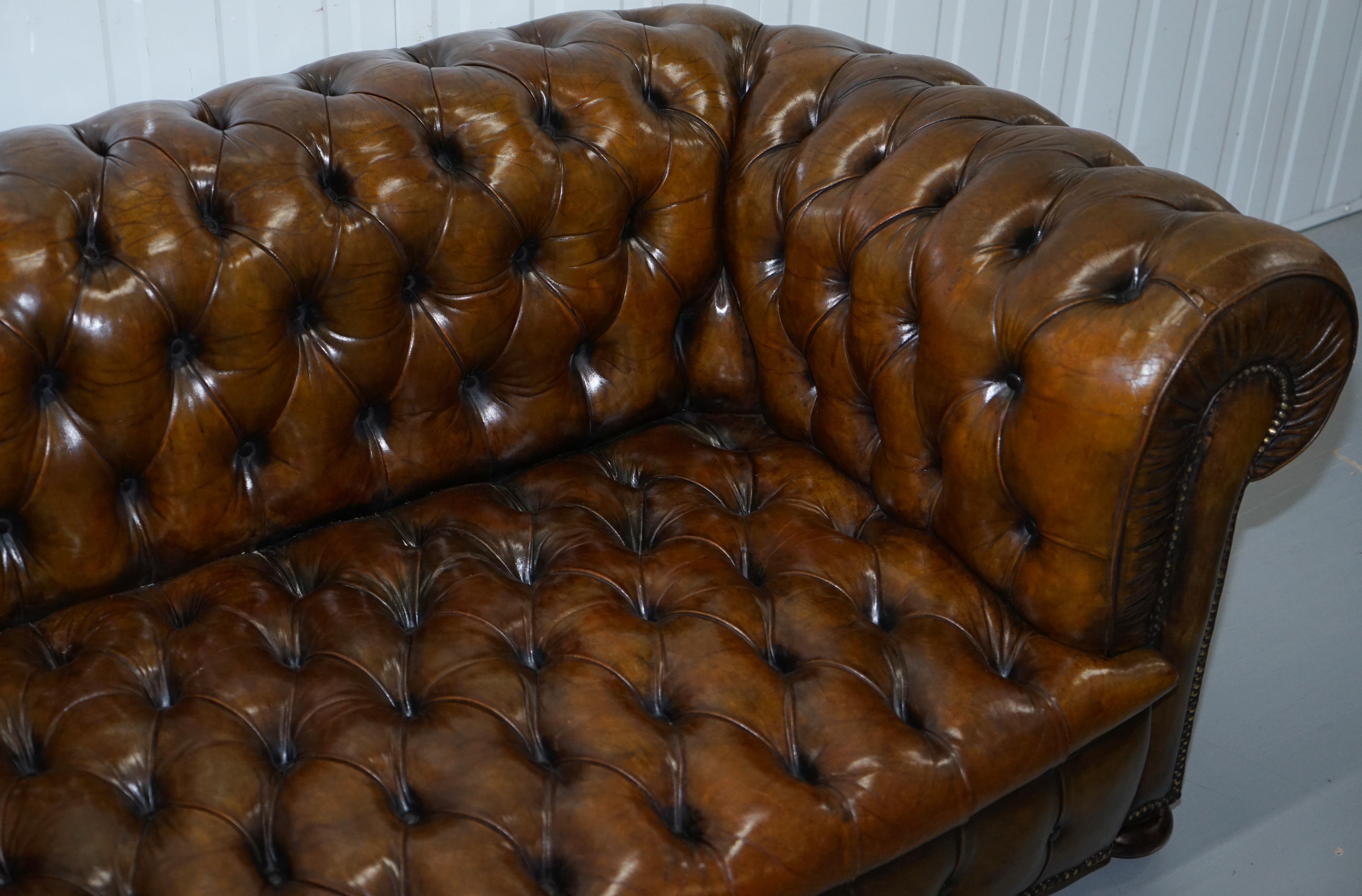 Hand-Crafted Huge Rare Victorian Horse Hair Fully Restored Brown Leather Chesterfield Sofa