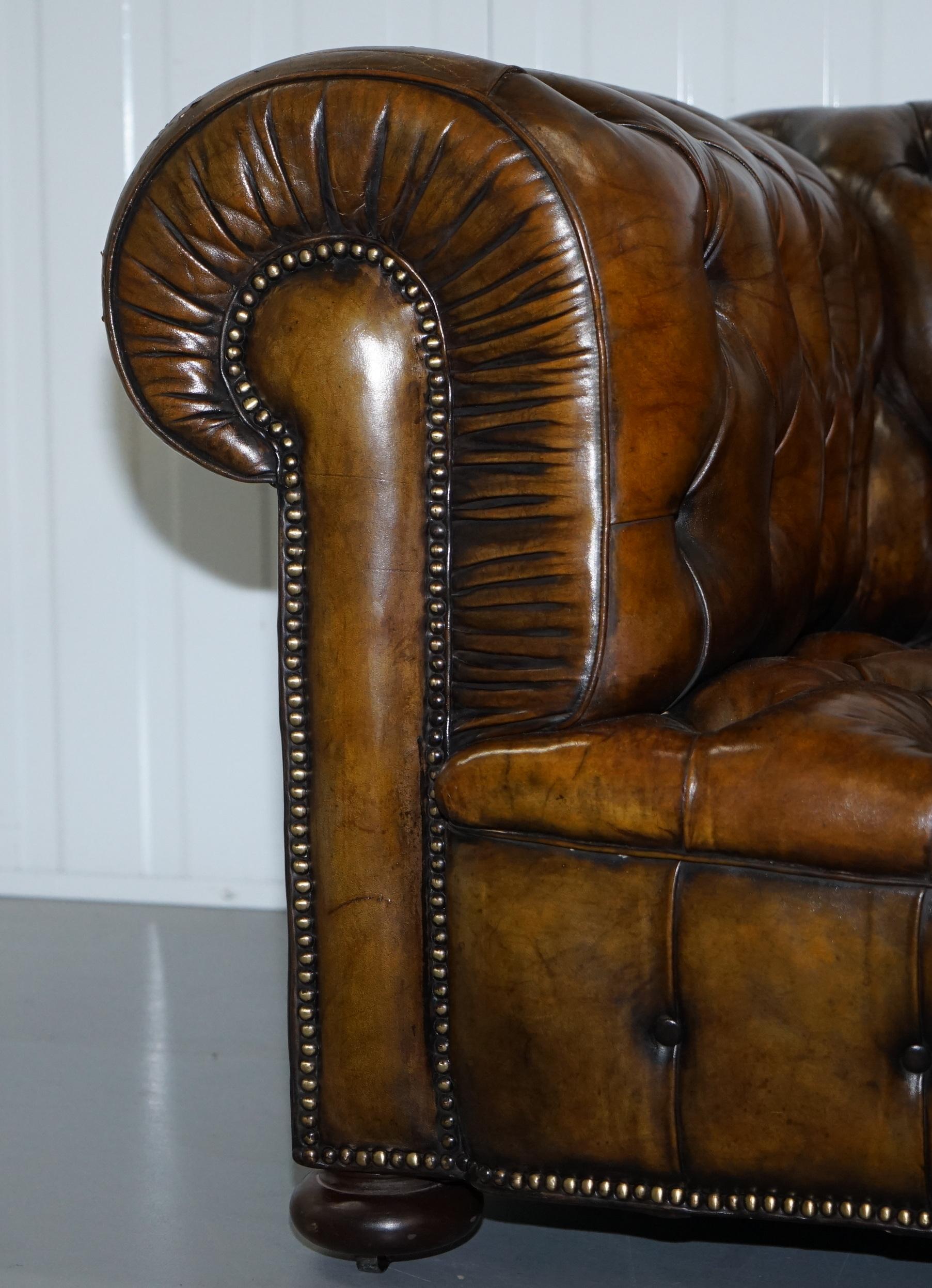 19th Century Huge Rare Victorian Horse Hair Fully Restored Brown Leather Chesterfield Sofa