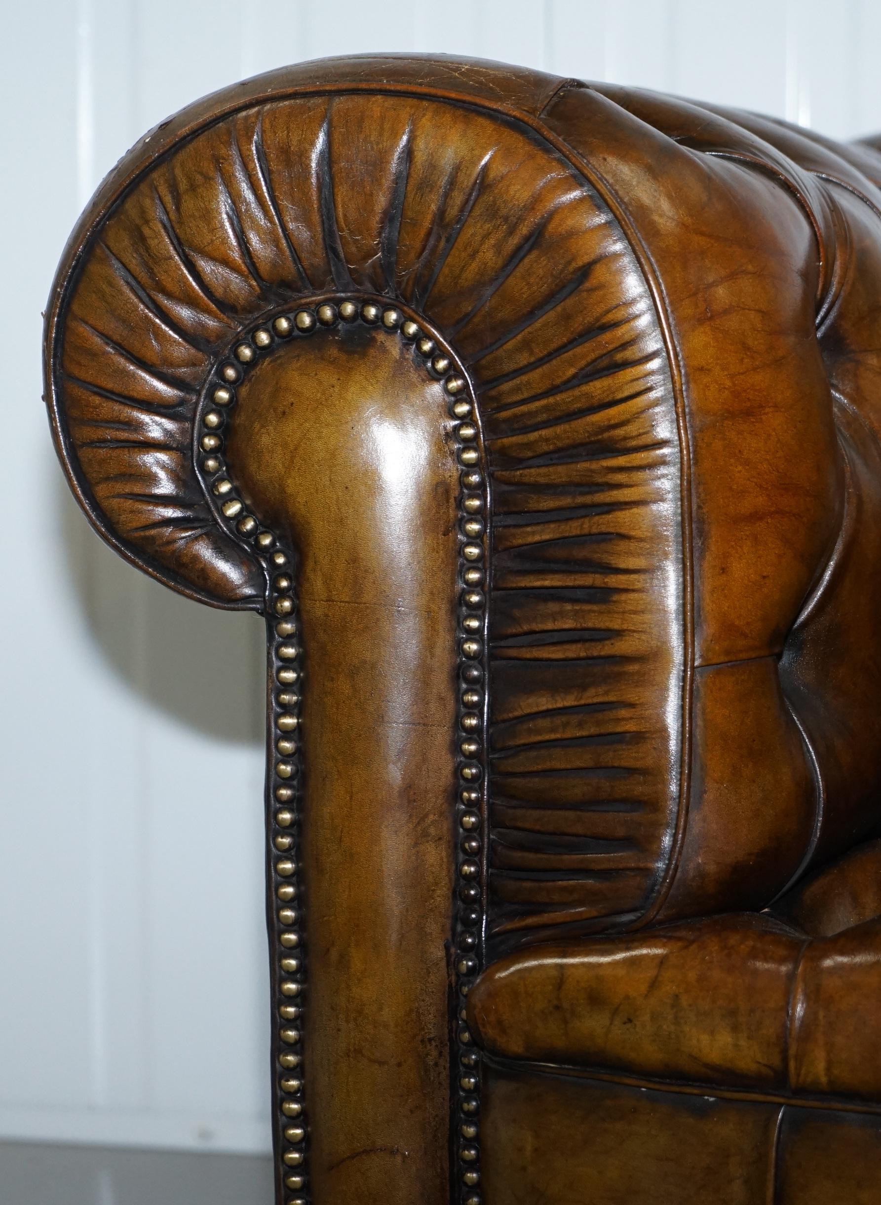 Huge Rare Victorian Horse Hair Fully Restored Brown Leather Chesterfield Sofa 1