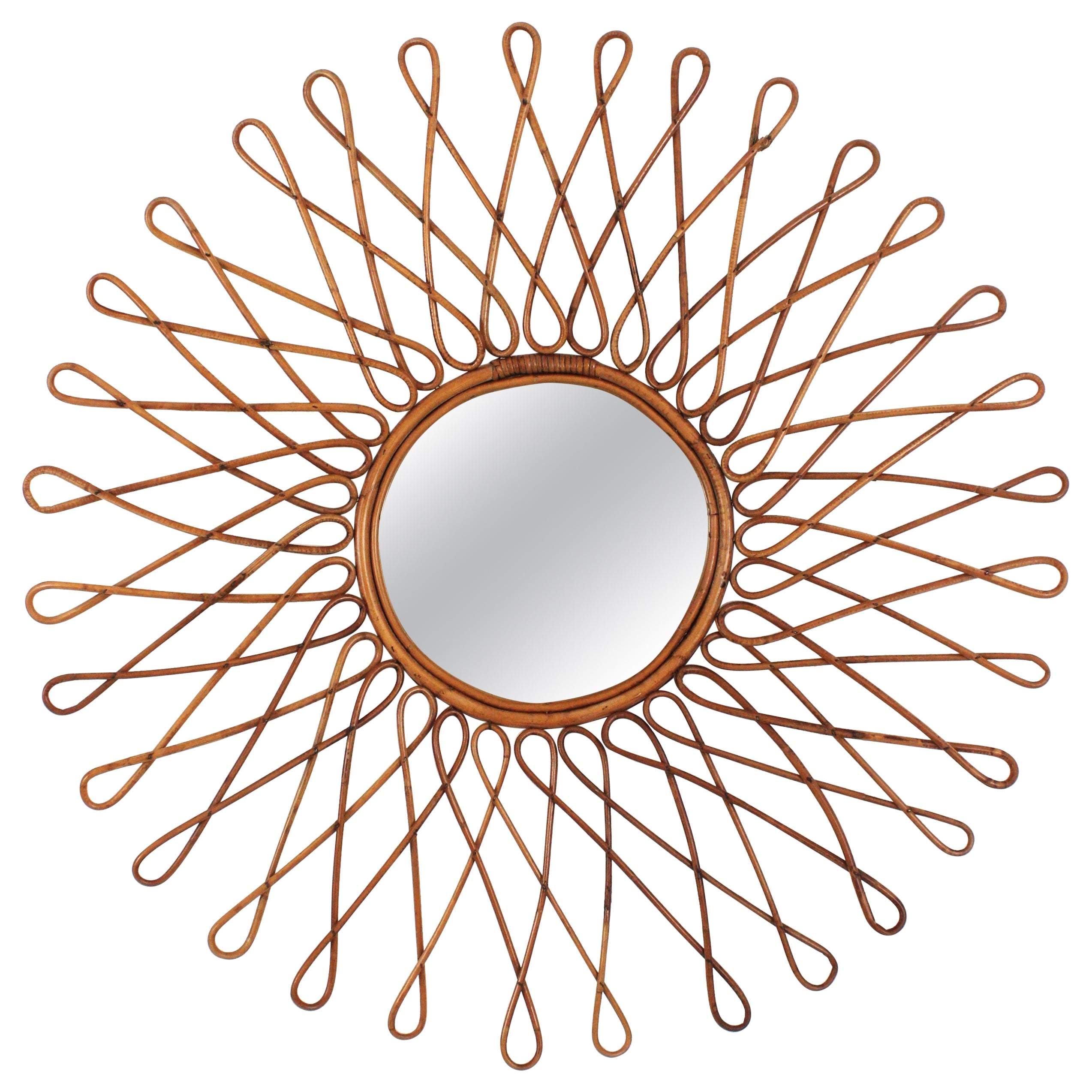 Huge Rattan Sunburst Starburst Mirror, 1960s (36 inches diameter)