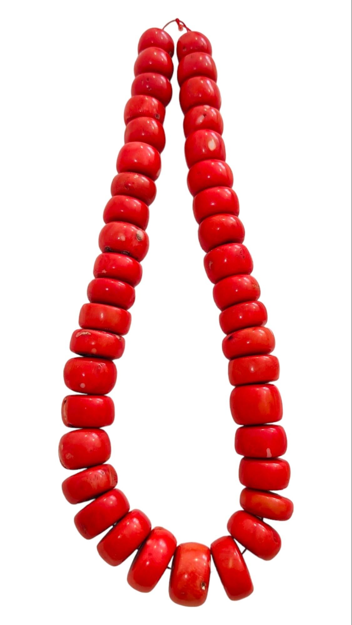 Huge Red Coral Necklace
Huge polished red coral beads complete this fascinating 60cm long necklace. The largest red coral bead is: 25 x 15 mm .550 grams in weight