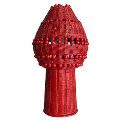 Huge Red Midcentury Woven Rattan Table or Floor Lamp, 1950s, France