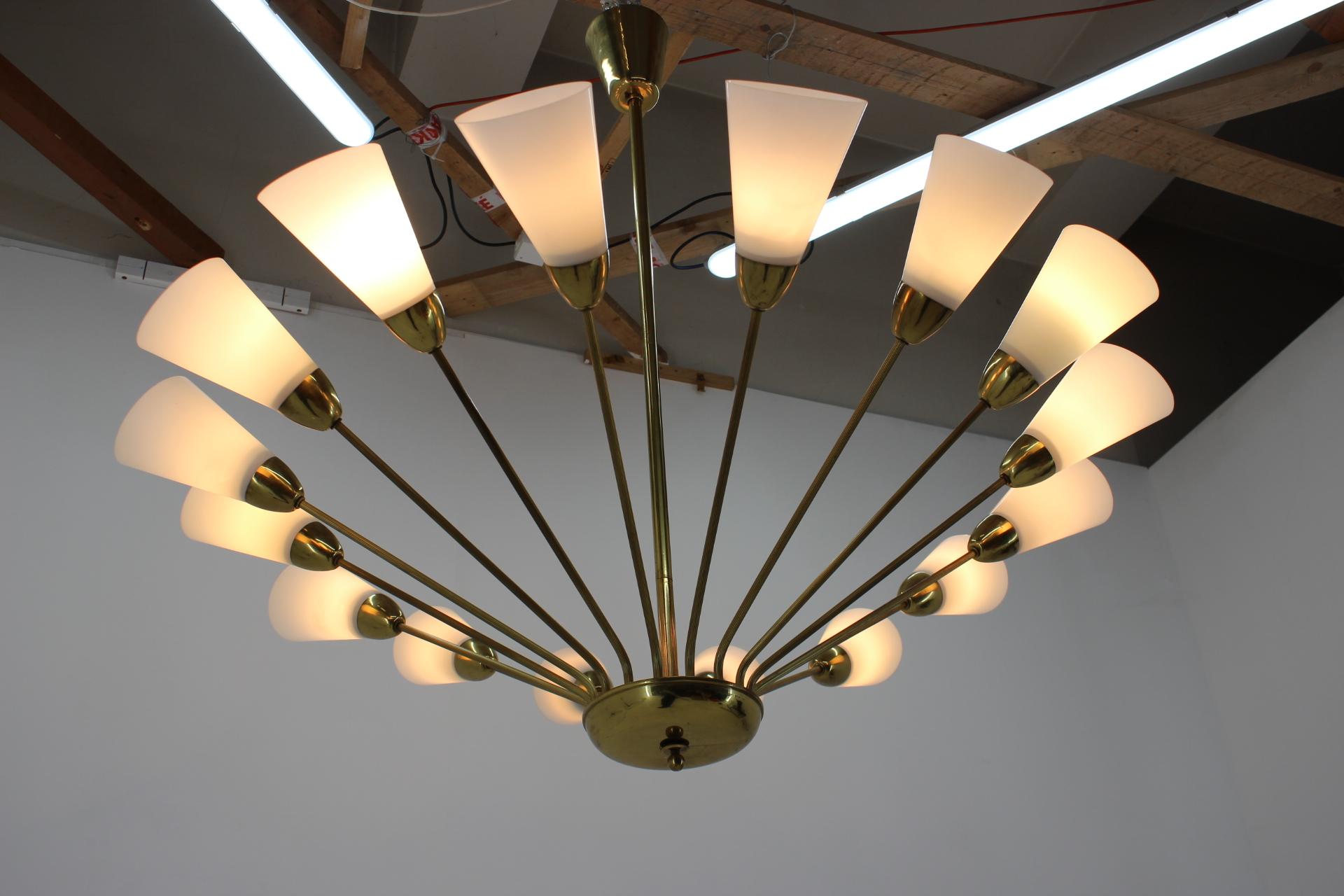 Mid-Century Modern Huge Representative Unique Glass and Brass Chandelier, 1970s For Sale