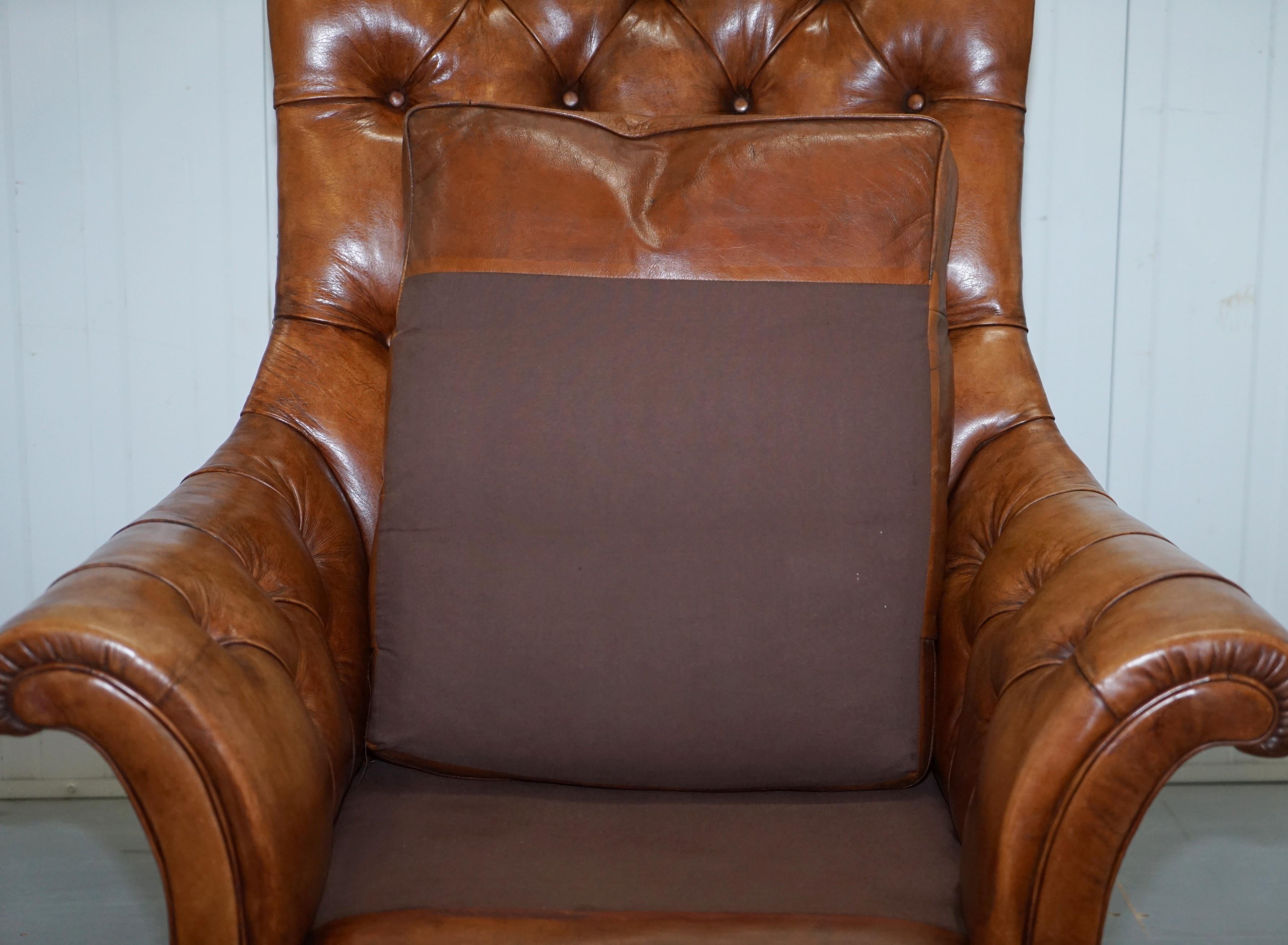 Huge Restored Chesterfield Aged Brown Leather Victorian Library Reading Armchair 4