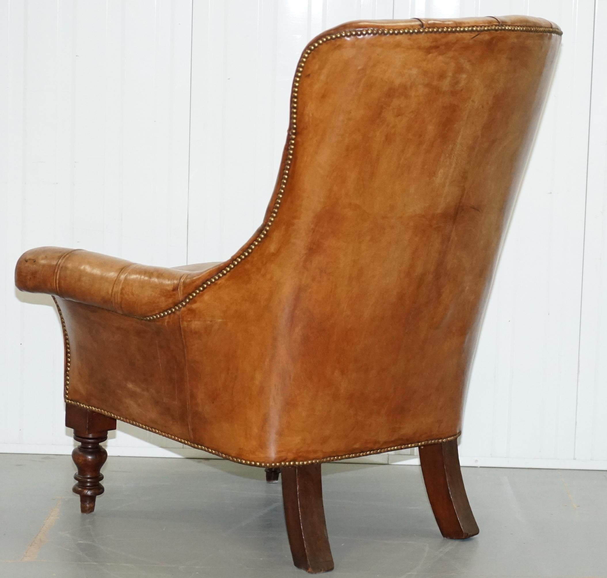Huge Restored Chesterfield Aged Brown Leather Victorian Library Reading Armchair 8