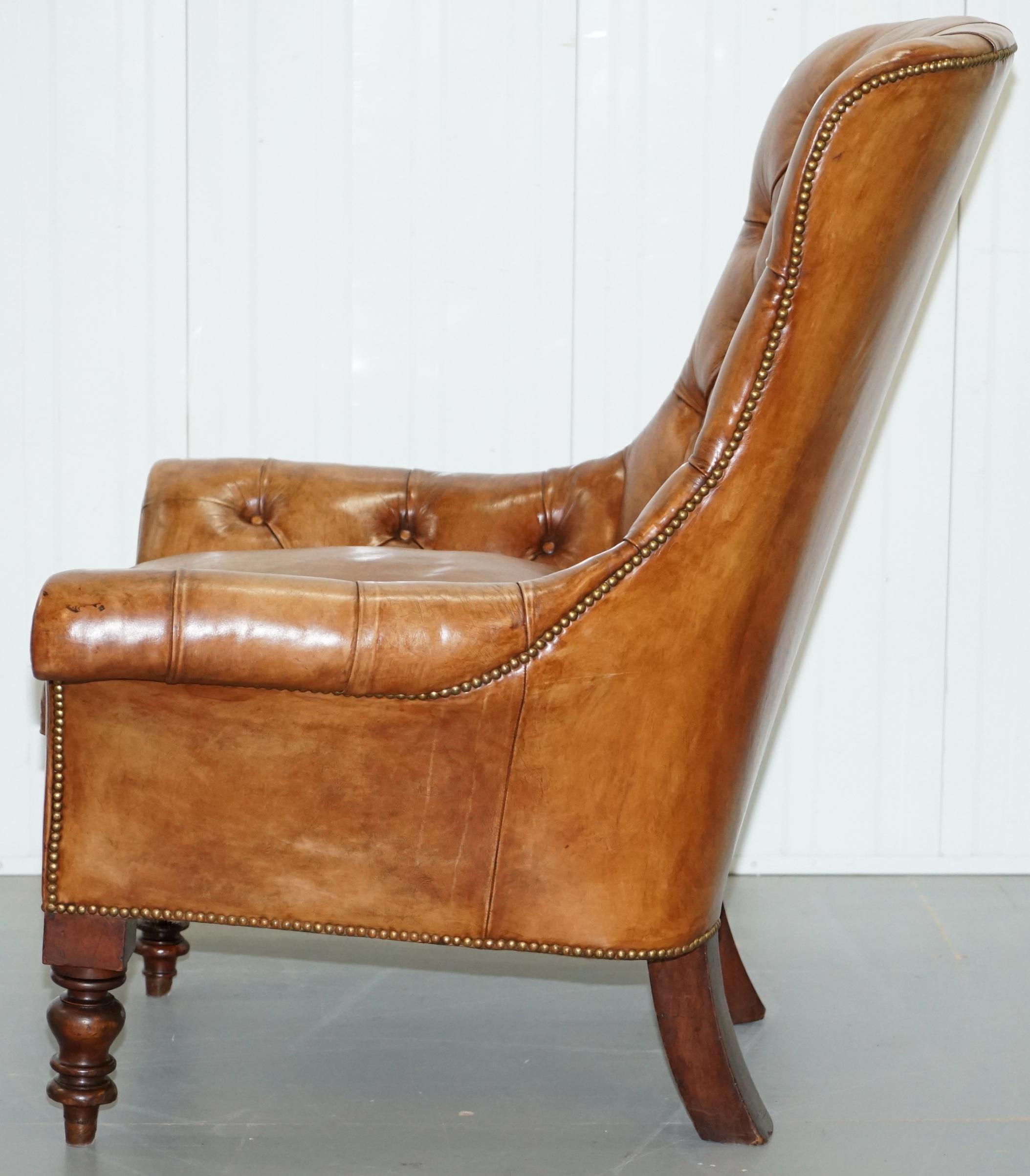 Huge Restored Chesterfield Aged Brown Leather Victorian Library Reading Armchair 9