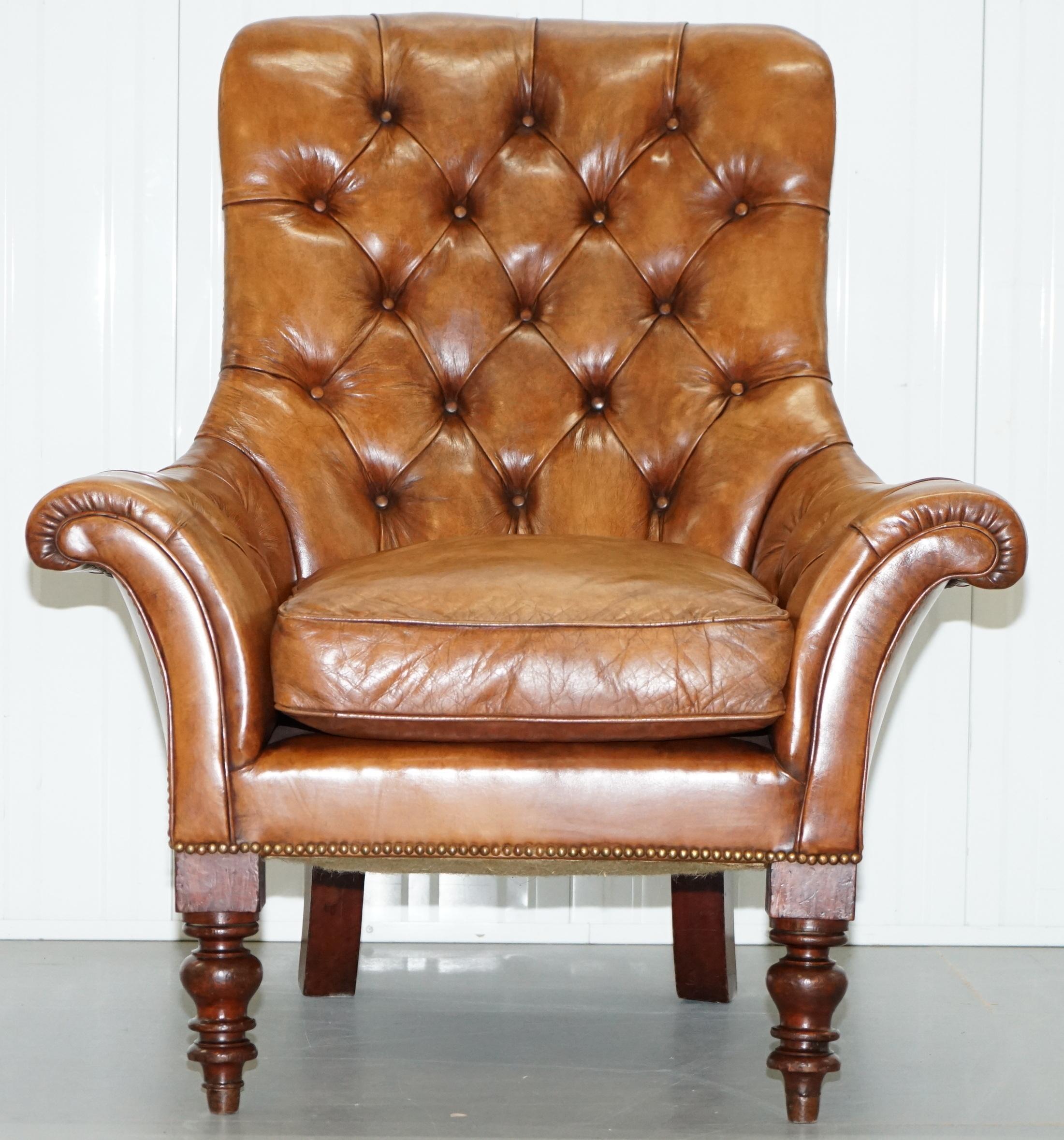 We are delighted to offer for sale this stunning oversized original Victorian Chesterfield hand dyed brown leather library reading armchair

This piece was fully restored in the last couple of years to include new full aniline leather upholstery,