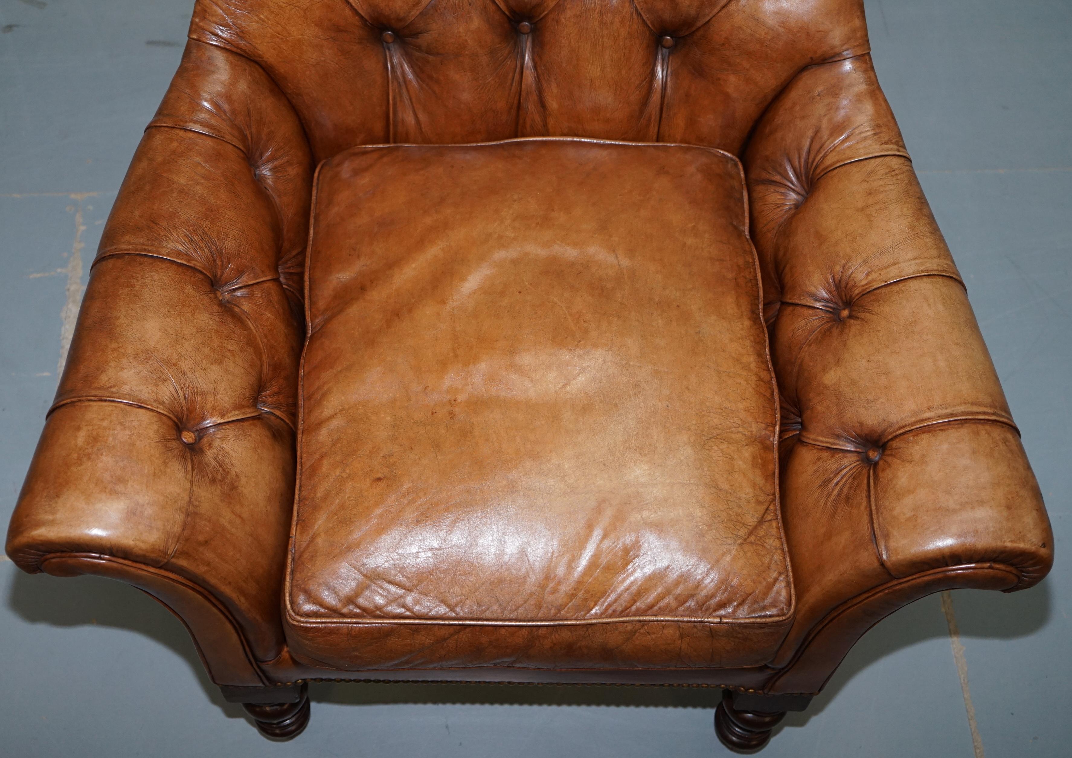English Huge Restored Chesterfield Aged Brown Leather Victorian Library Reading Armchair