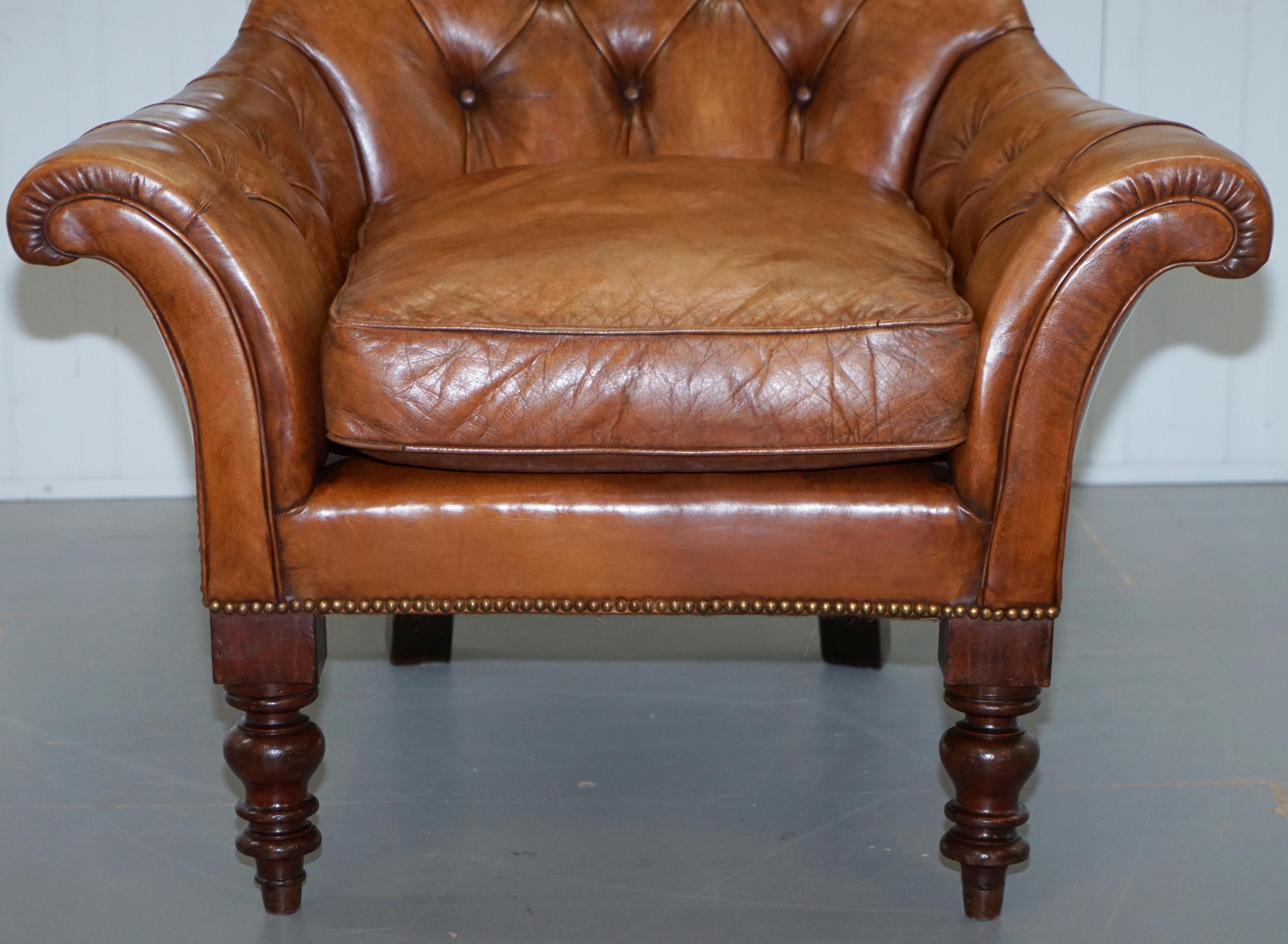 20th Century Huge Restored Chesterfield Aged Brown Leather Victorian Library Reading Armchair