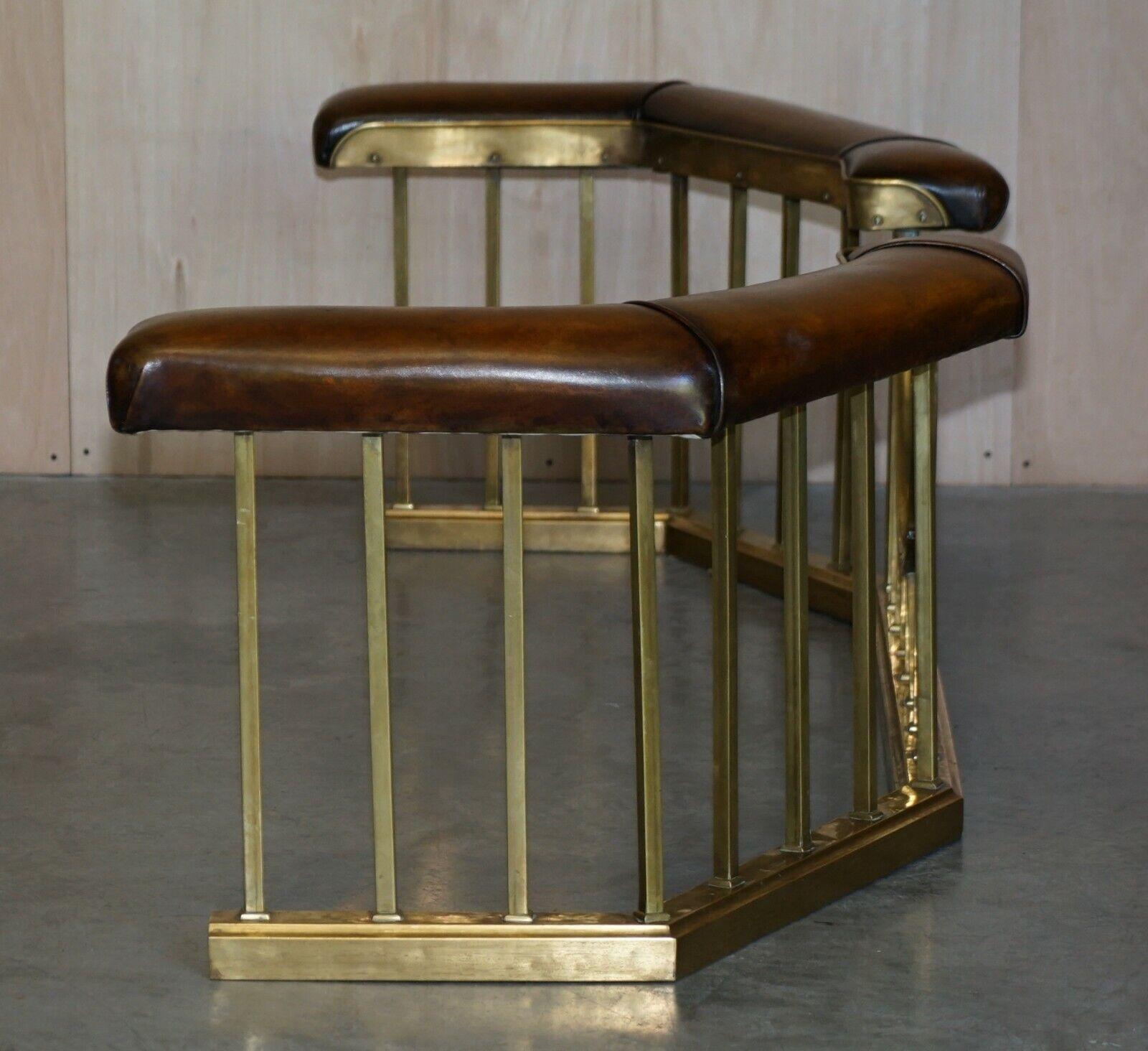 Huge Restored Chesterfield Victorian Brass Brown Leather Fireplace Club