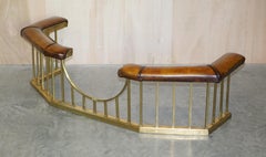 Huge Restored Chesterfield Victorian Brass Brown Leather Fireplace Club Fender
