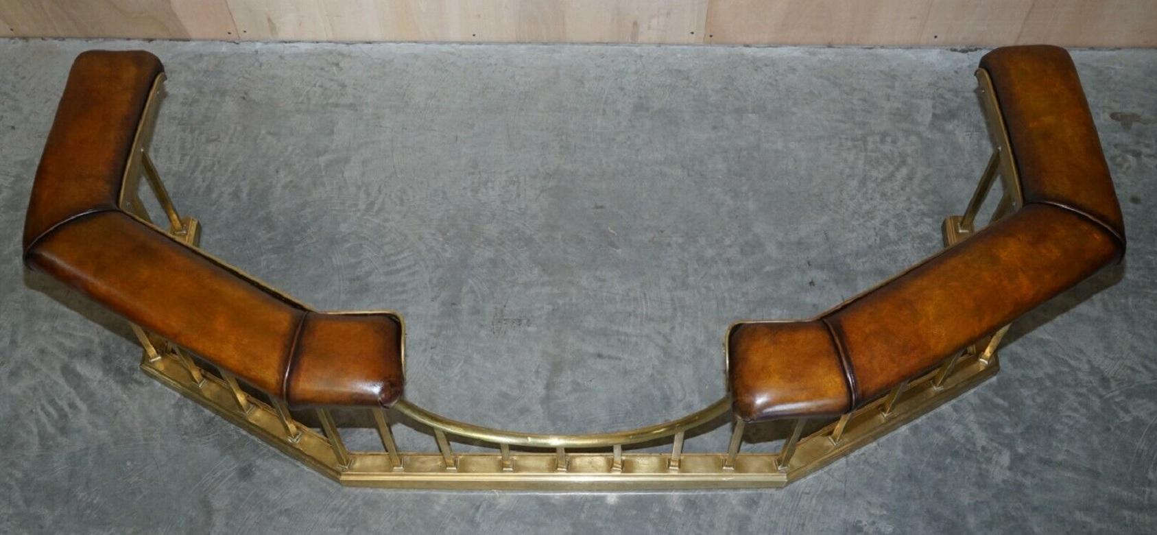 Huge Restored Chesterfield Victorian Brass Brown Leather Fireplace Club