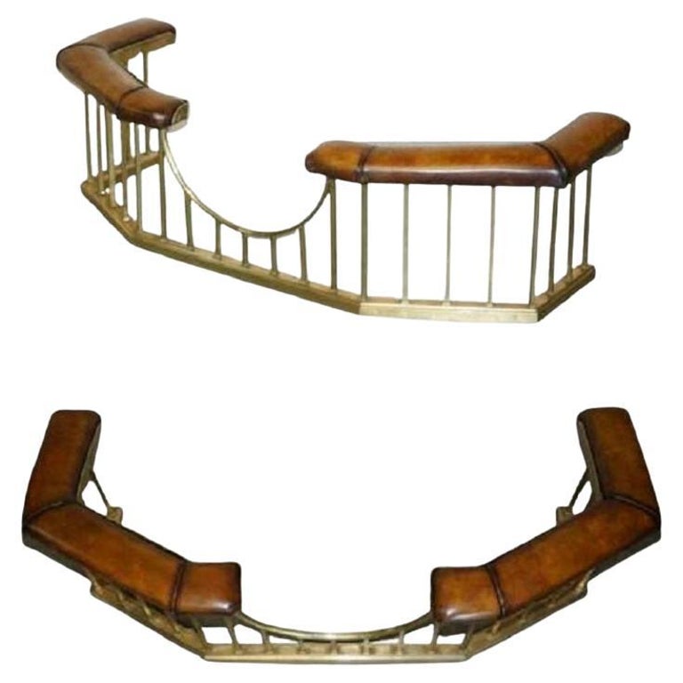 Huge Restored Chesterfield Victorian Brass Brown Leather Fireplace Club