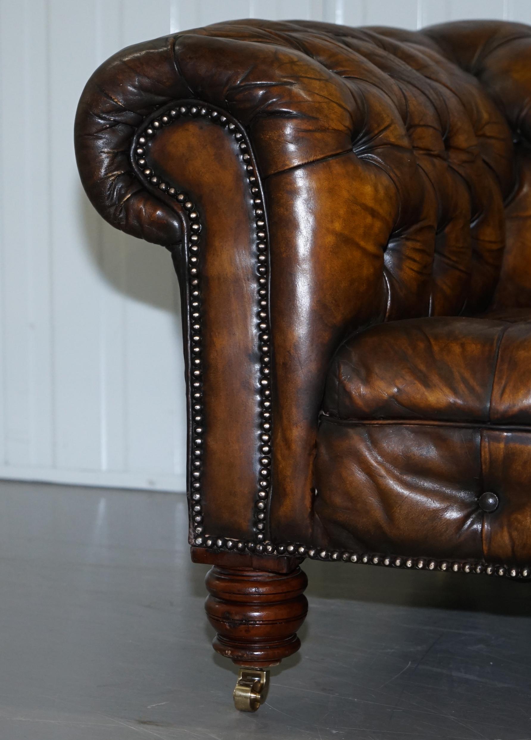 Huge Restored Victorian Chesterfield Brown Leather Sofa Horse Hair Coil Sprung 5