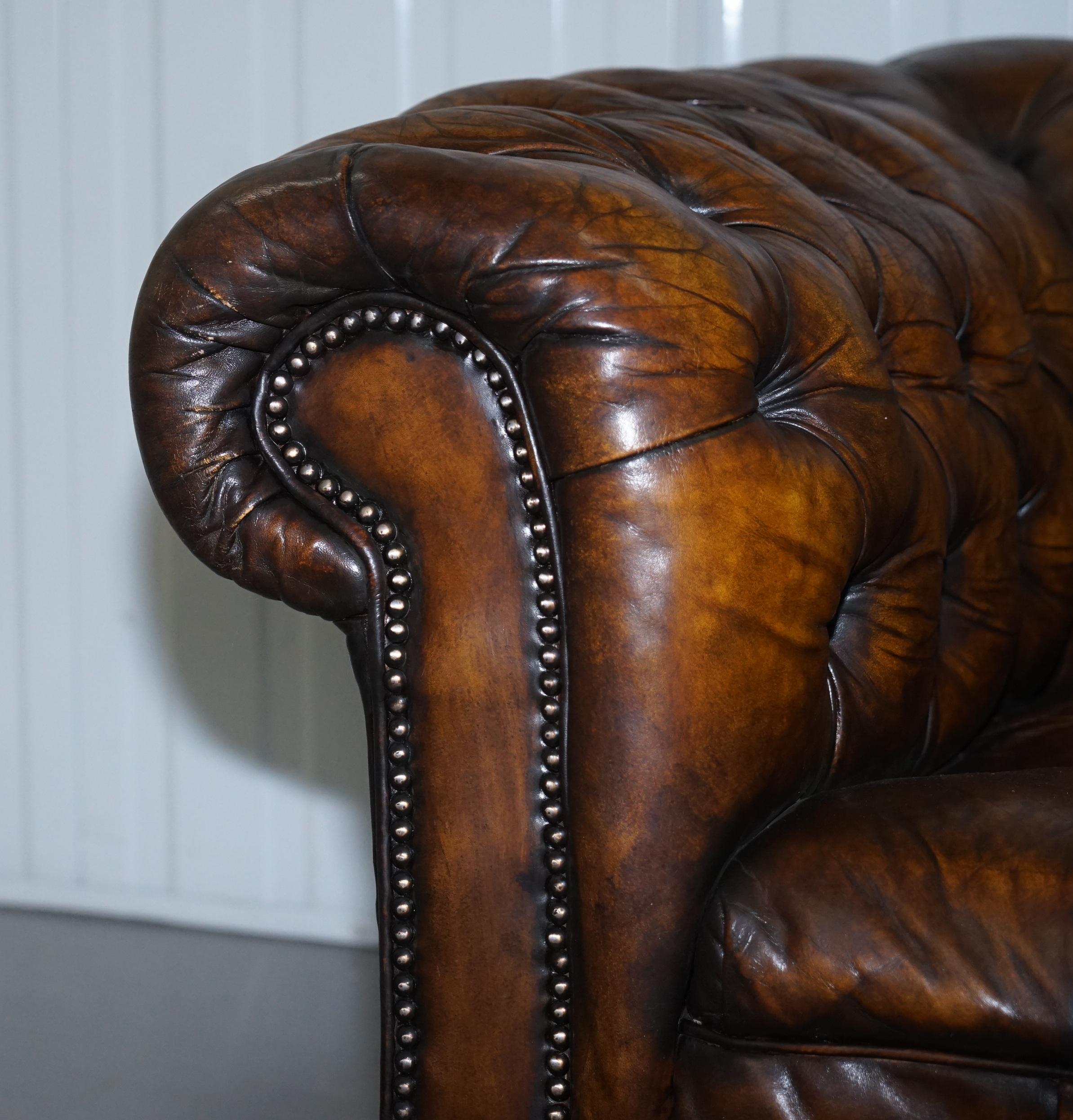 Huge Restored Victorian Chesterfield Brown Leather Sofa Horse Hair Coil Sprung 7