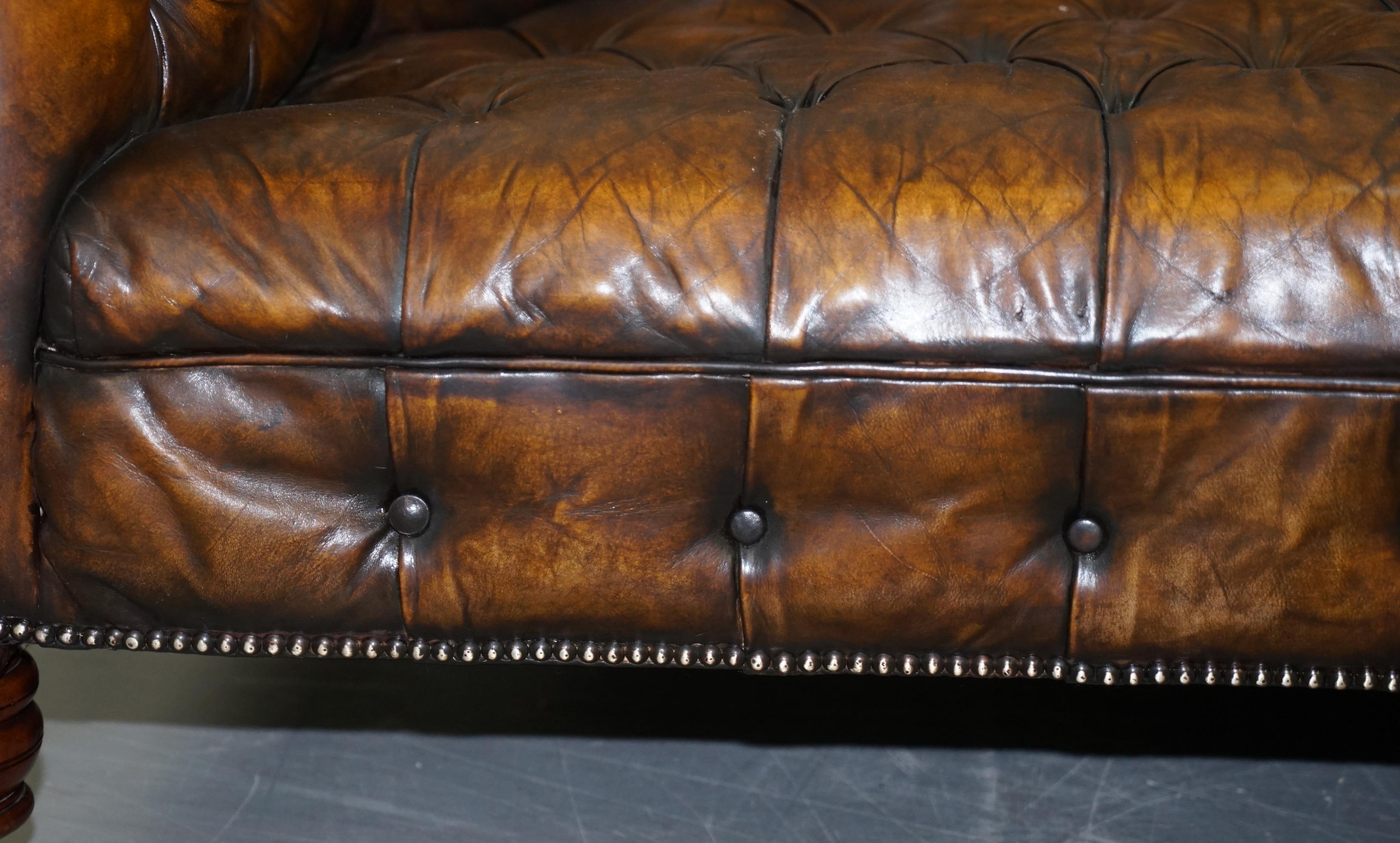 Huge Restored Victorian Chesterfield Brown Leather Sofa Horse Hair Coil Sprung 8