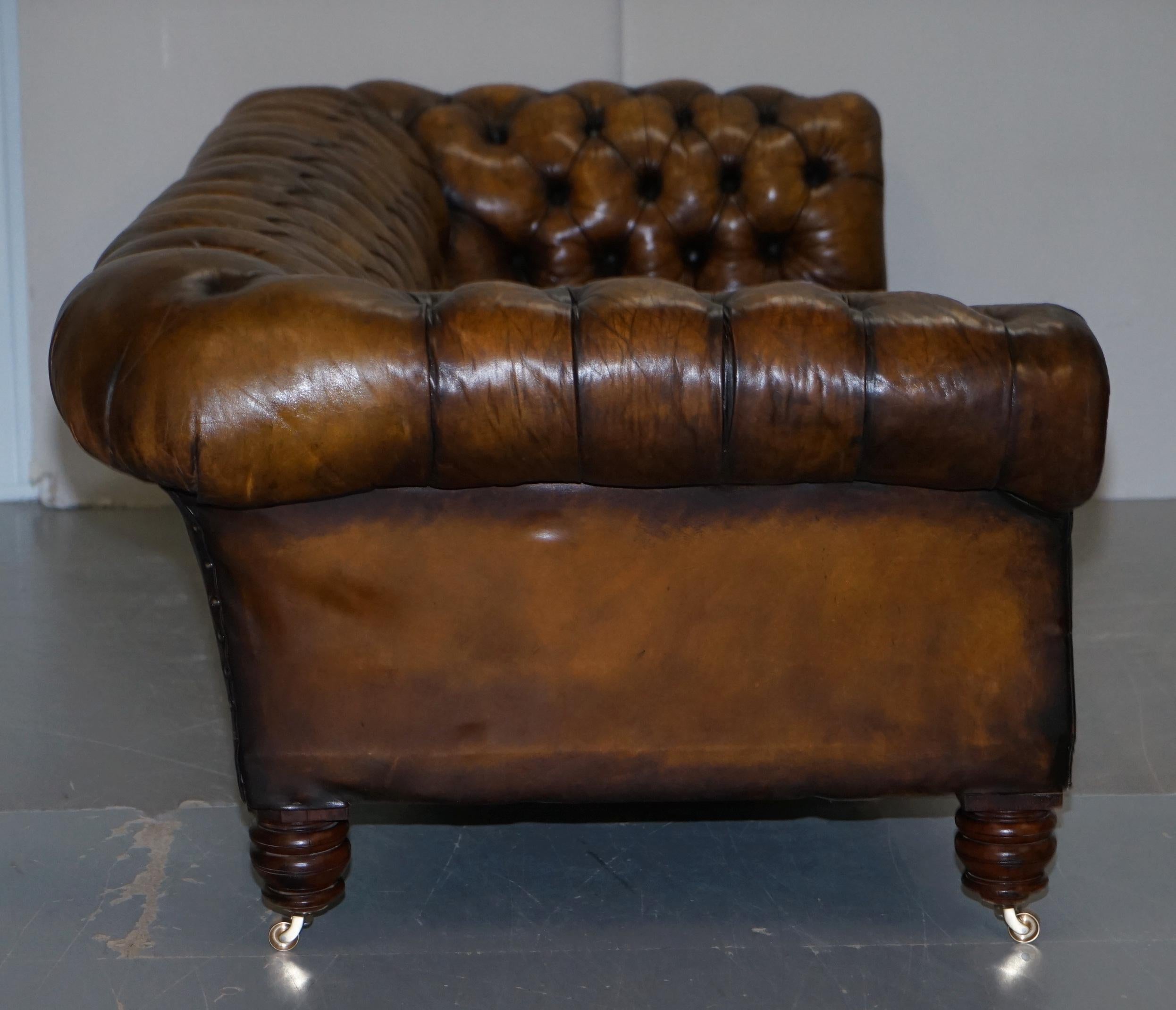 Huge Restored Victorian Chesterfield Brown Leather Sofa Horse Hair Coil Sprung 9