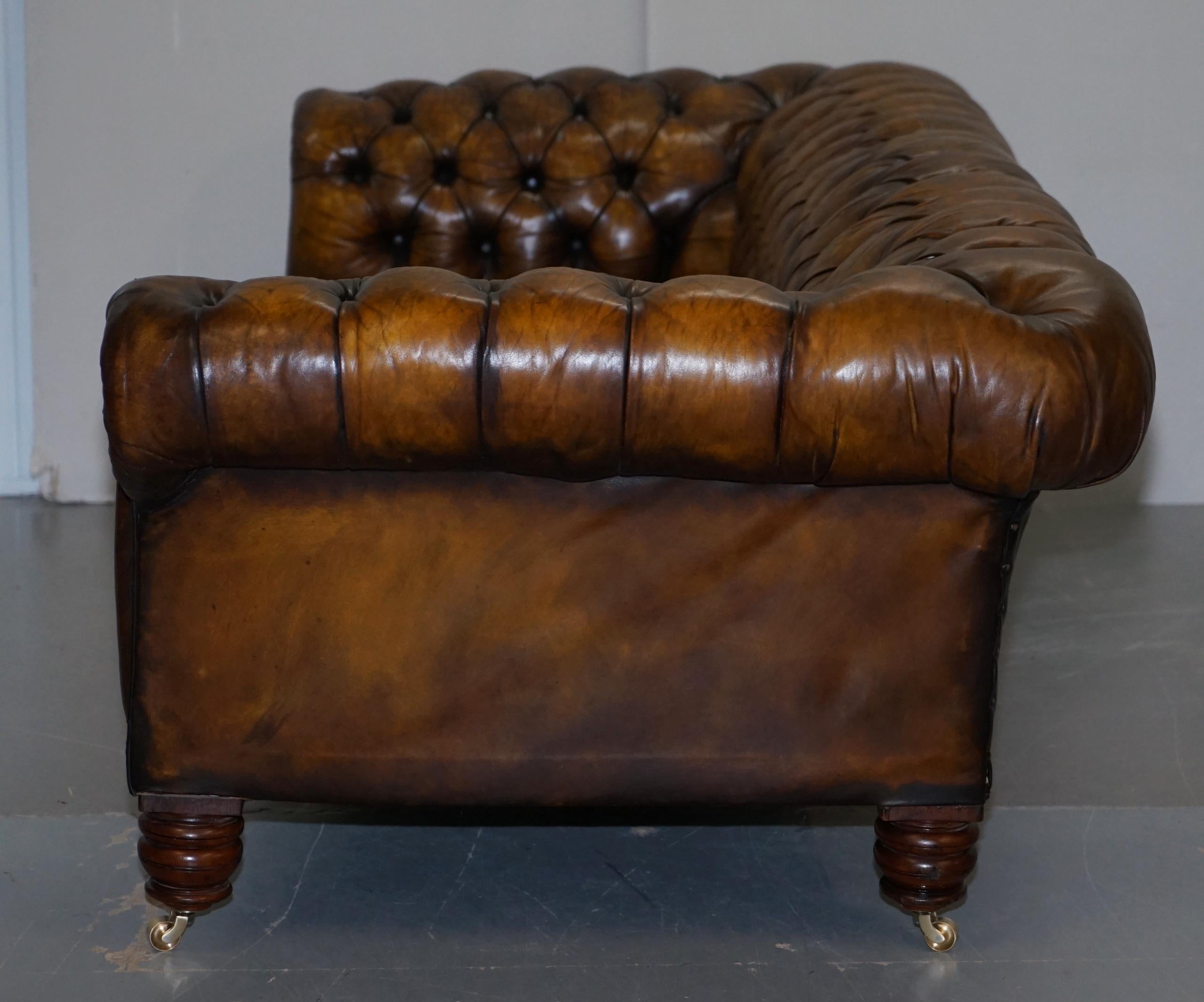 Huge Restored Victorian Chesterfield Brown Leather Sofa Horse Hair Coil Sprung 12
