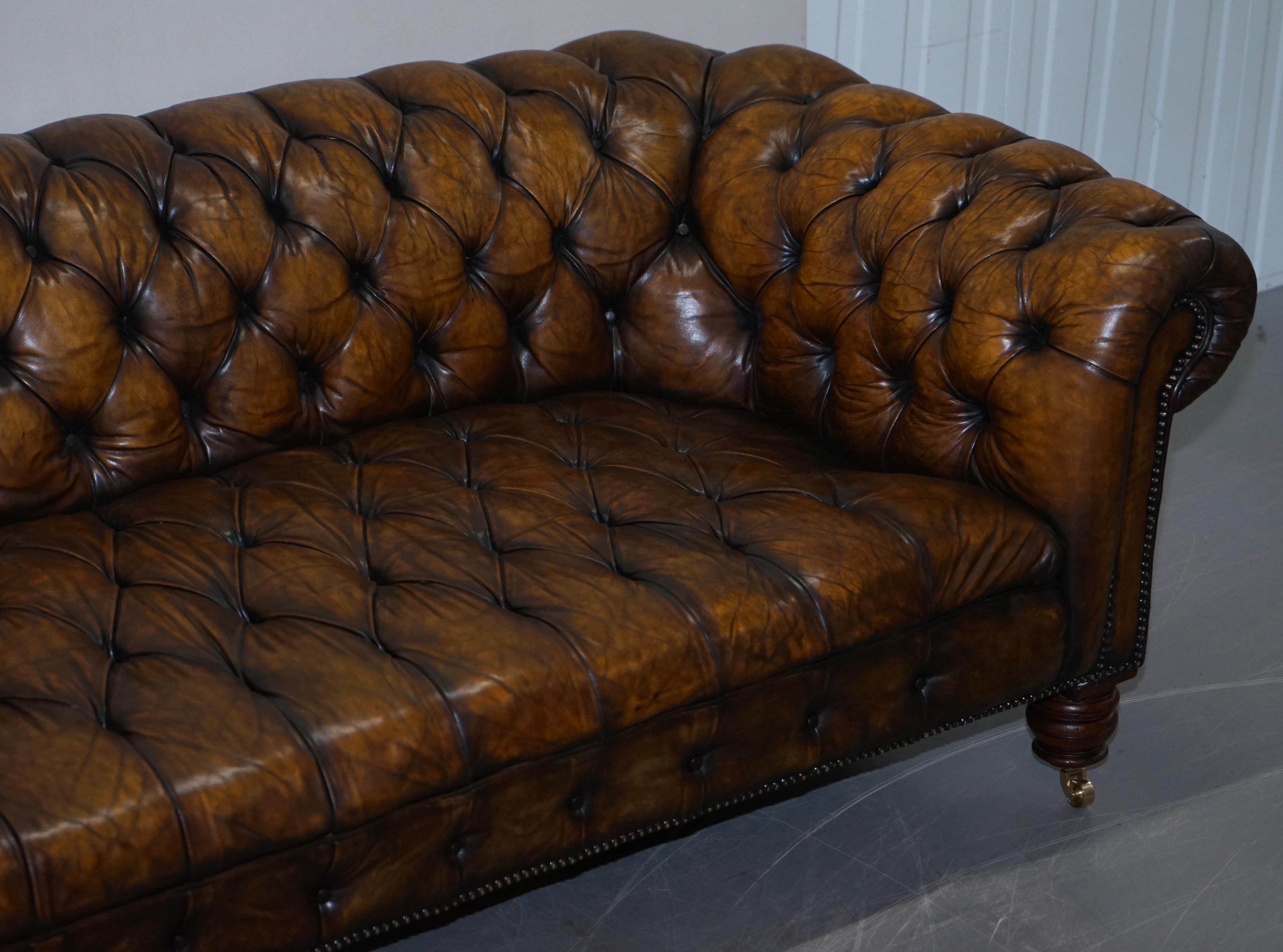 English Huge Restored Victorian Chesterfield Brown Leather Sofa Horse Hair Coil Sprung