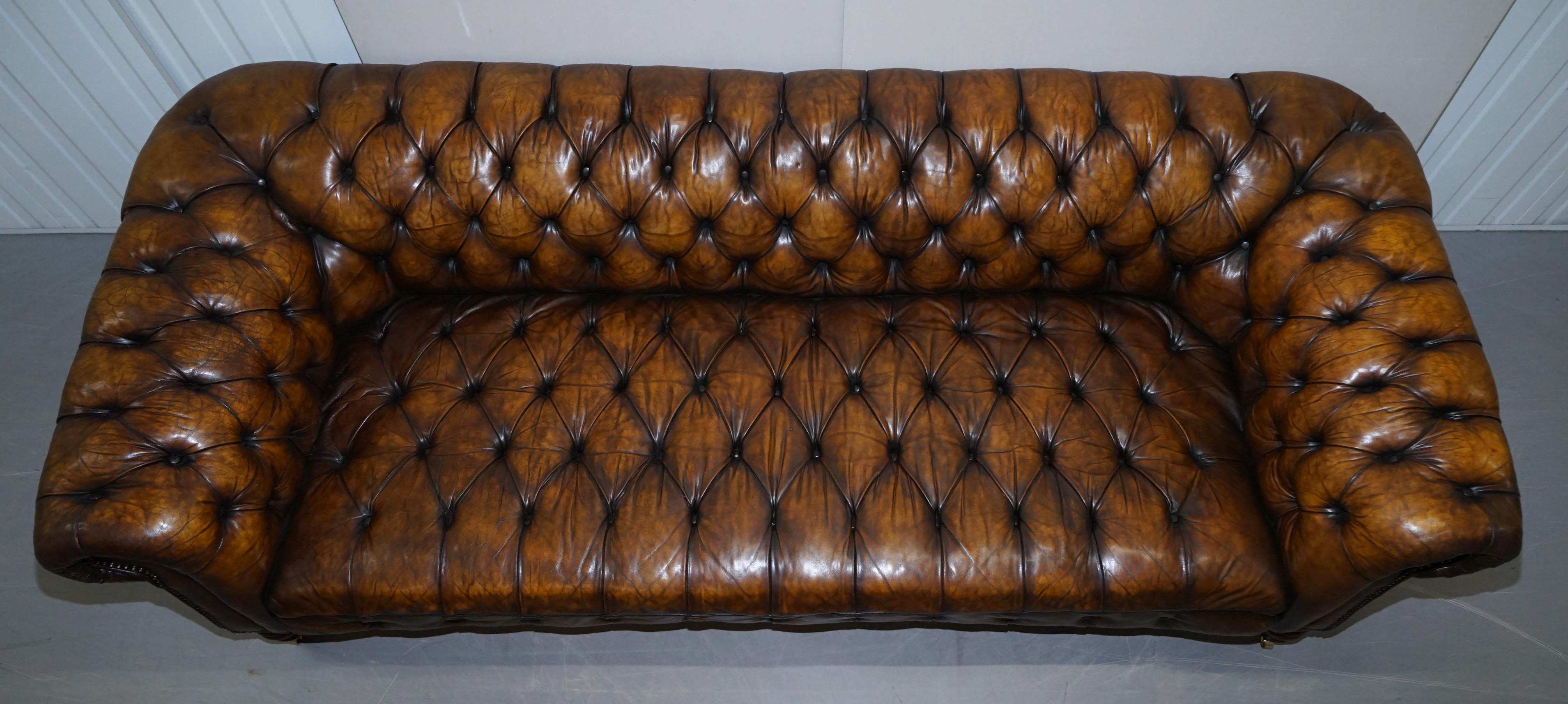 Hand-Crafted Huge Restored Victorian Chesterfield Brown Leather Sofa Horse Hair Coil Sprung