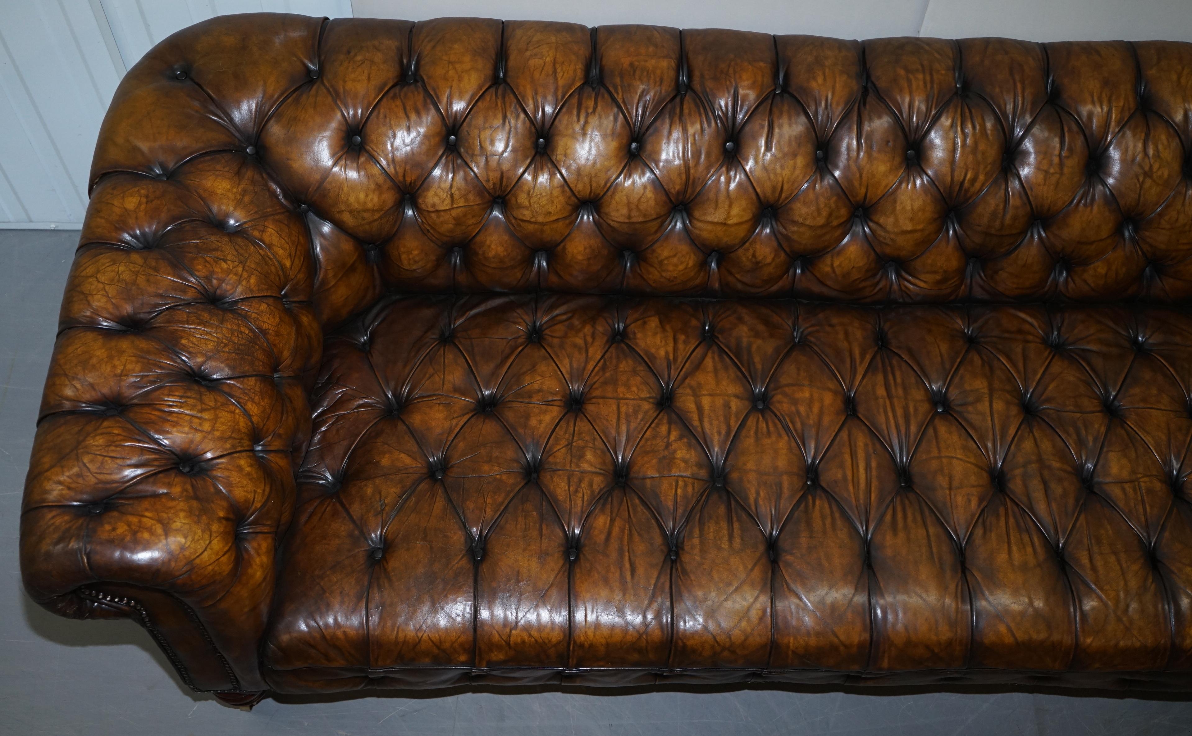 Mid-19th Century Huge Restored Victorian Chesterfield Brown Leather Sofa Horse Hair Coil Sprung