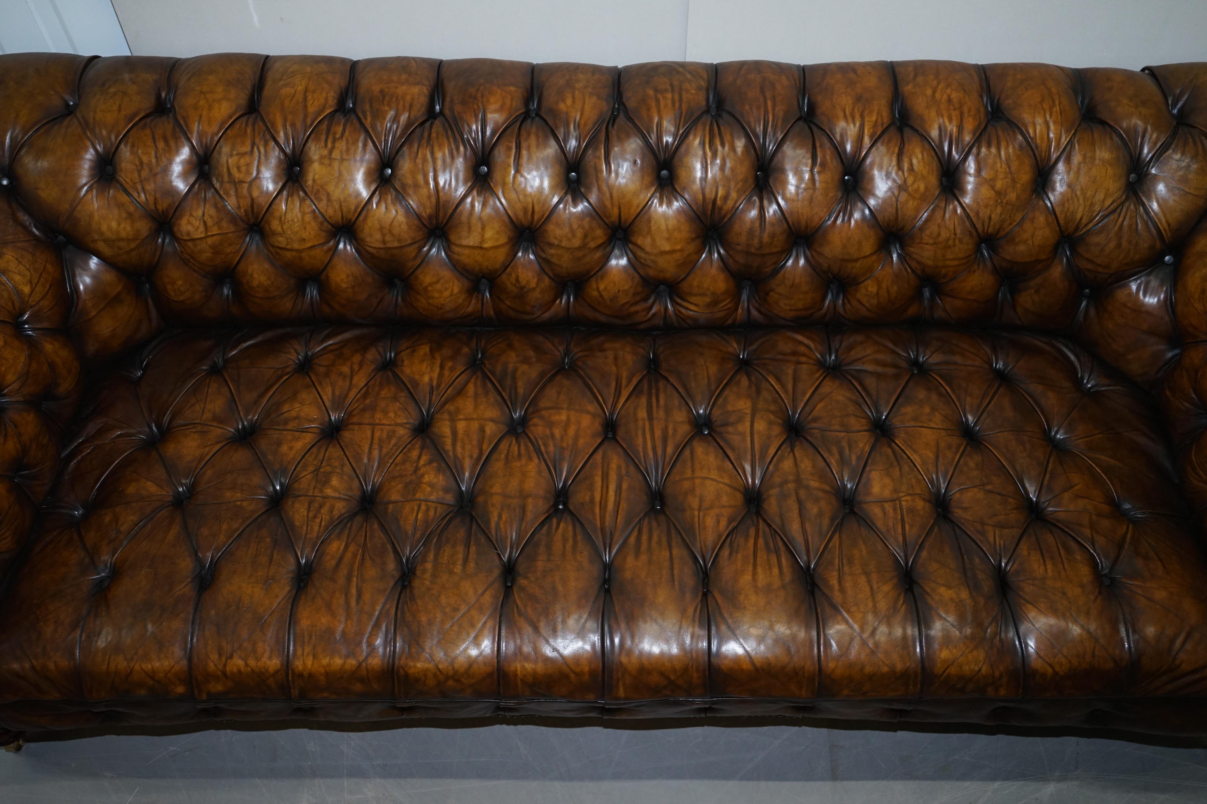 Huge Restored Victorian Chesterfield Brown Leather Sofa Horse Hair Coil Sprung 1