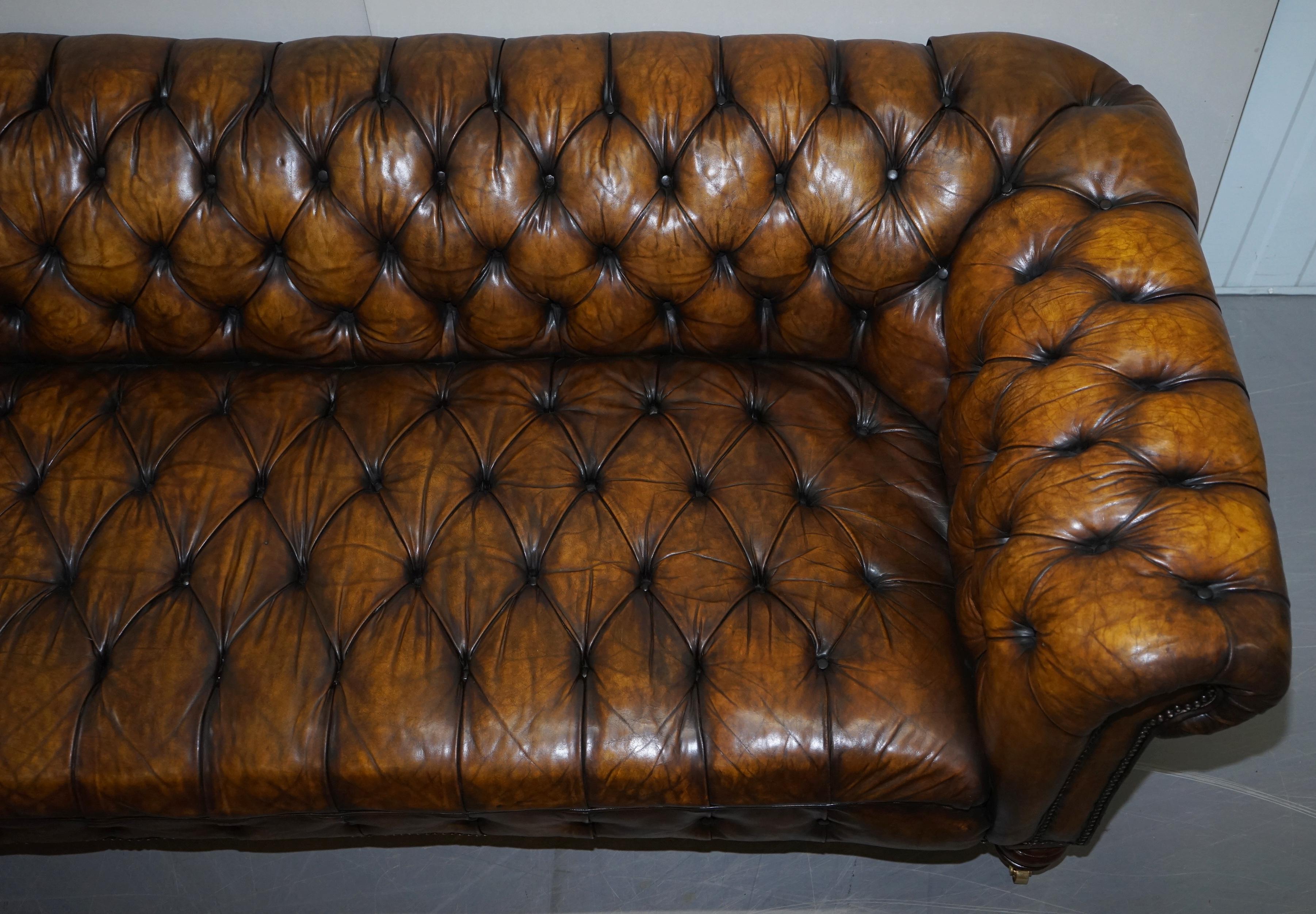Huge Restored Victorian Chesterfield Brown Leather Sofa Horse Hair Coil Sprung 2
