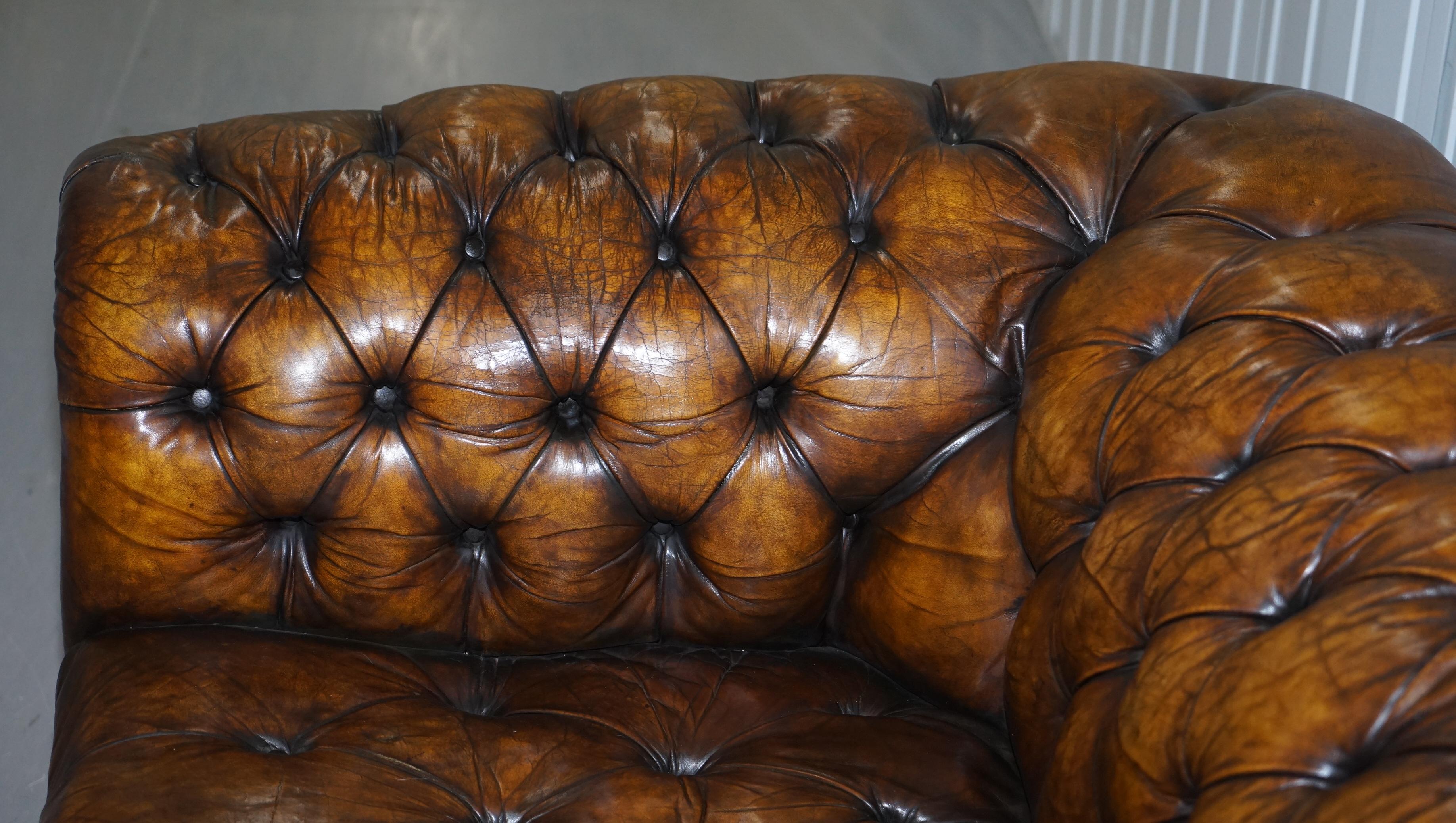 Huge Restored Victorian Chesterfield Brown Leather Sofa Horse Hair Coil Sprung 3