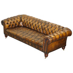 Huge Restored Victorian Chesterfield Brown Leather Sofa Horse Hair Coil Sprung