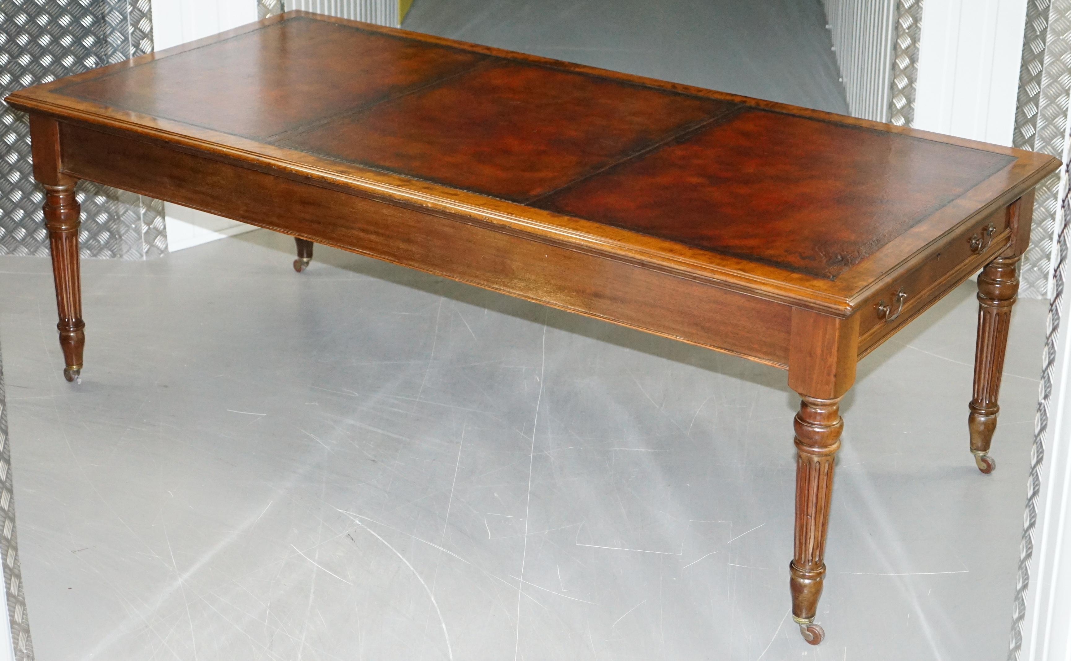 Huge Restored Victorian Refectory Library Dining Table Brown Leather Top Gillows (Viktorianisch)