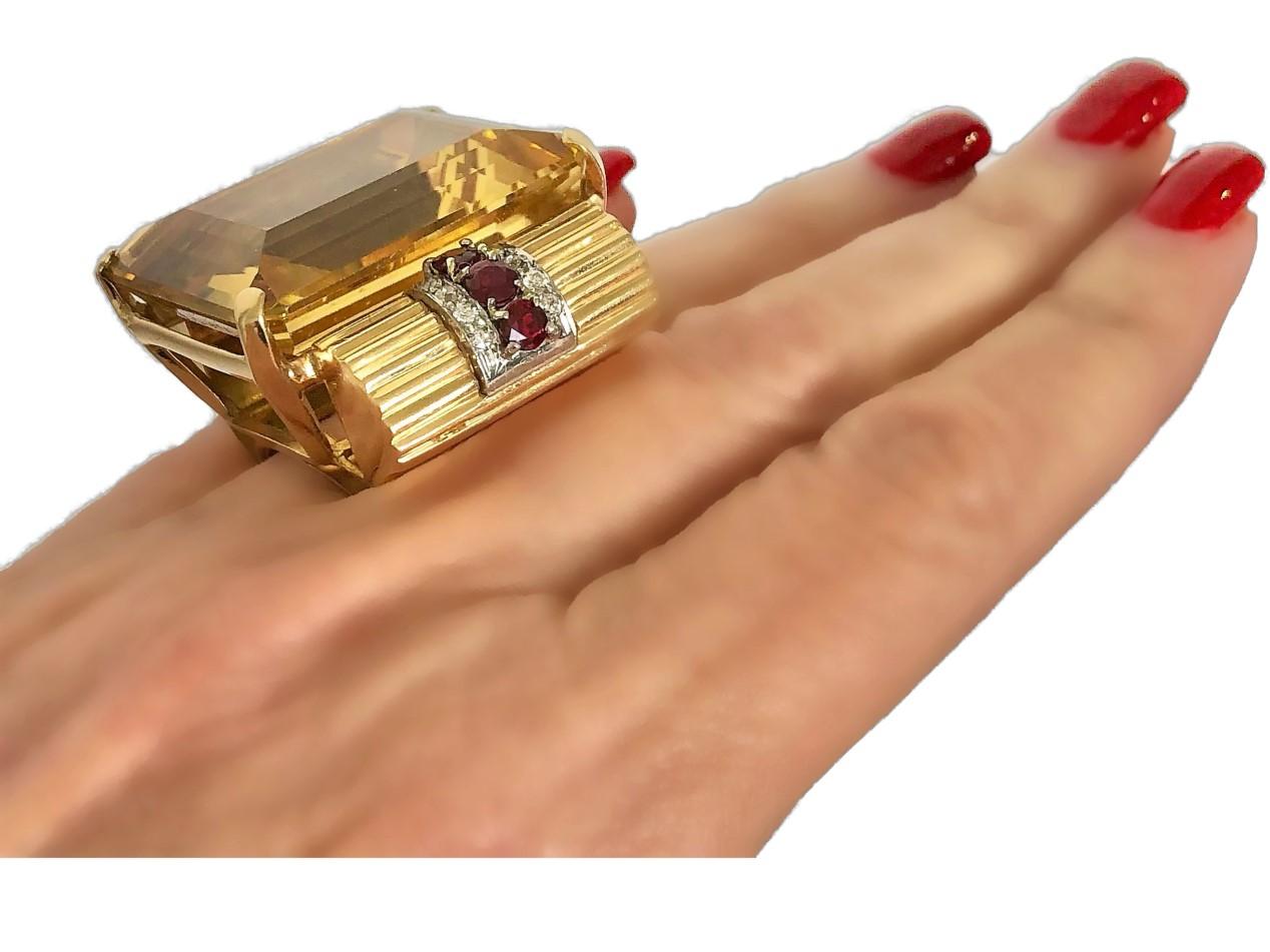 Huge Retro Period 14k Gold, Golden Citrine, Diamond and Natural Ruby Ring 5