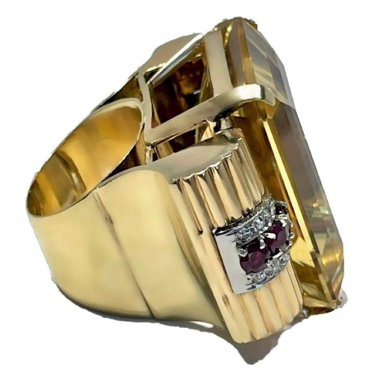 Brilliant Cut Huge Retro Period 14k Gold, Golden Citrine, Diamond and Natural Ruby Ring