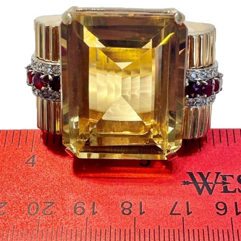 Huge Retro Period 14k Gold, Golden Citrine, Diamond and Natural Ruby Ring In Good Condition In Palm Beach, FL