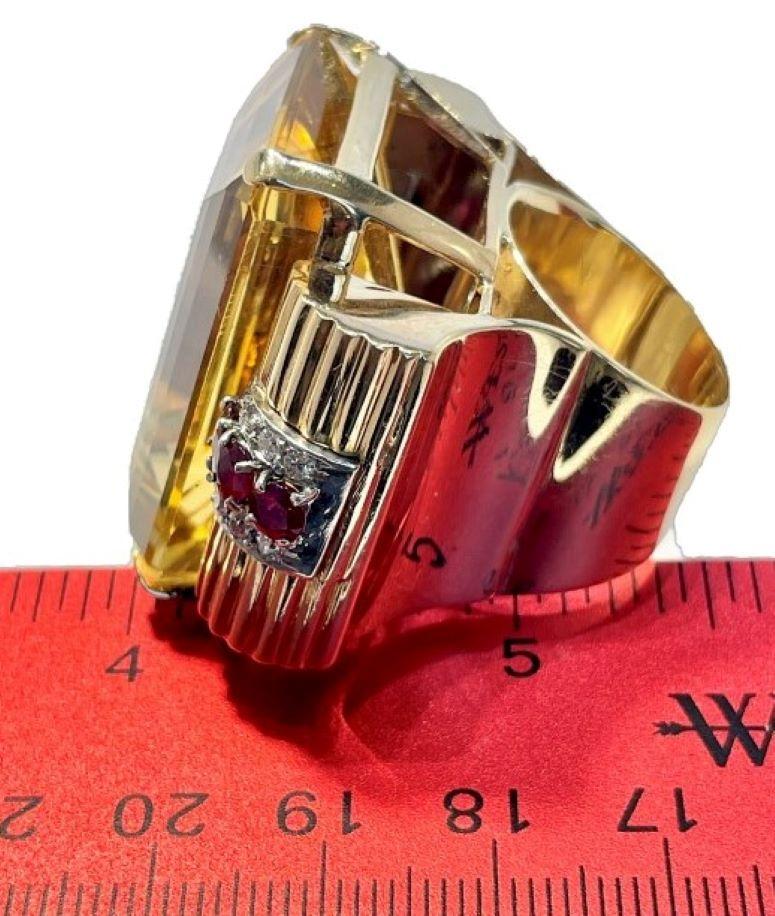 Women's Huge Retro Period 14k Gold, Golden Citrine, Diamond and Natural Ruby Ring