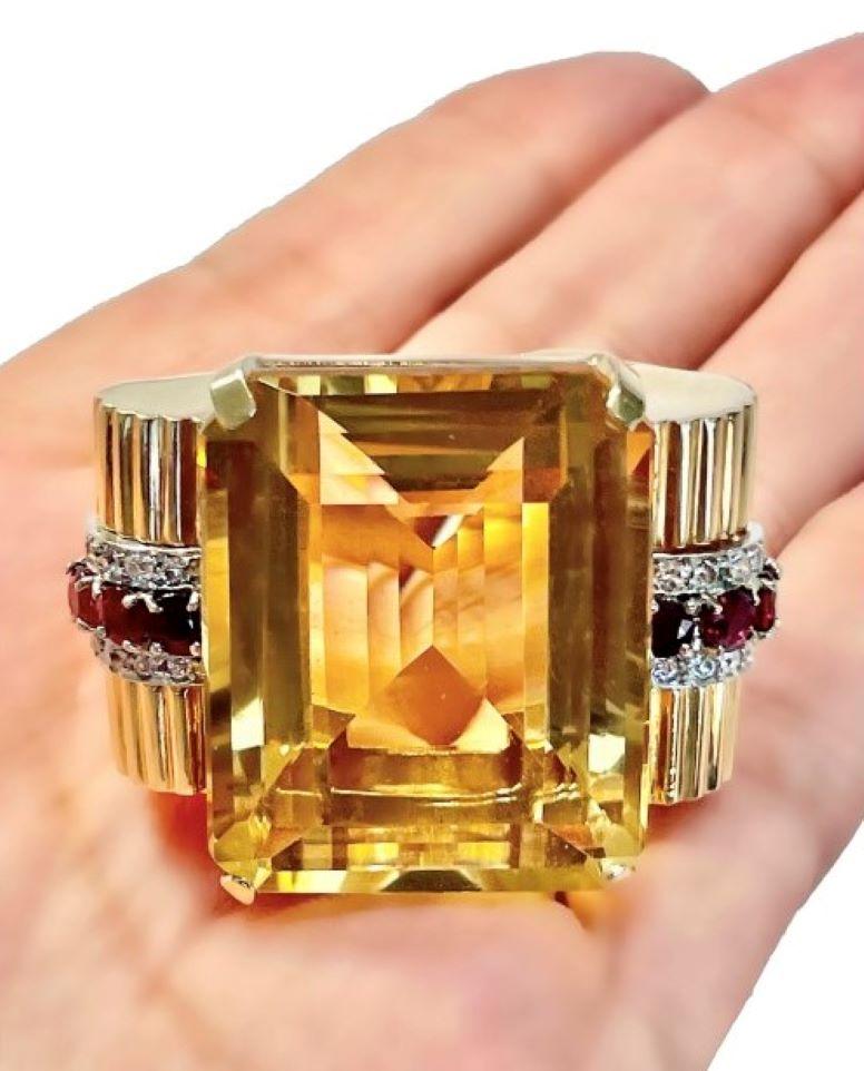 Huge Retro Period 14k Gold, Golden Citrine, Diamond and Natural Ruby Ring 1