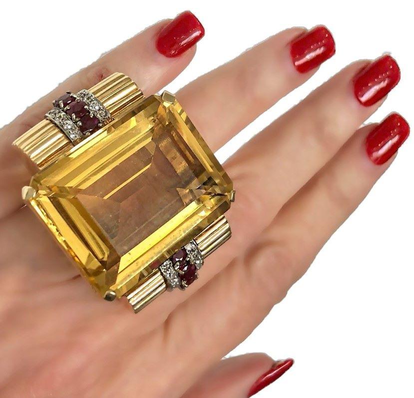 Huge Retro Period 14k Gold, Golden Citrine, Diamond and Natural Ruby Ring 2