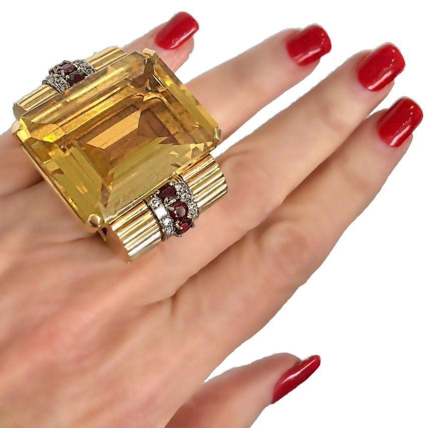 Huge Retro Period 14k Gold, Golden Citrine, Diamond and Natural Ruby Ring 3