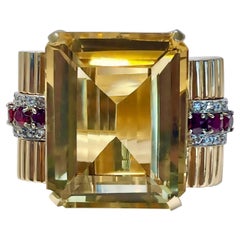 Huge Retro Period 14k Gold, Golden Citrine, Diamond and Natural Ruby Ring